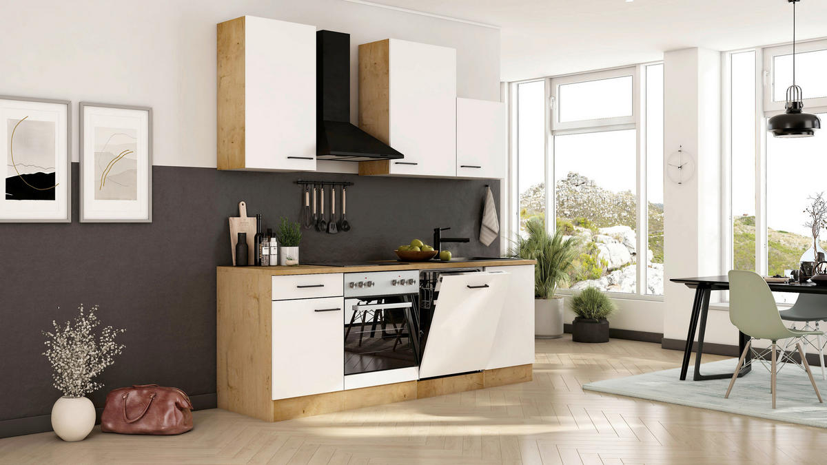 KÜCHENBLOCK 220 cm  in Eichefarben, Magnolie  - Eichefarben/Magnolie, Trend, Holzwerkstoff/Metall (220cm) - FlexWell