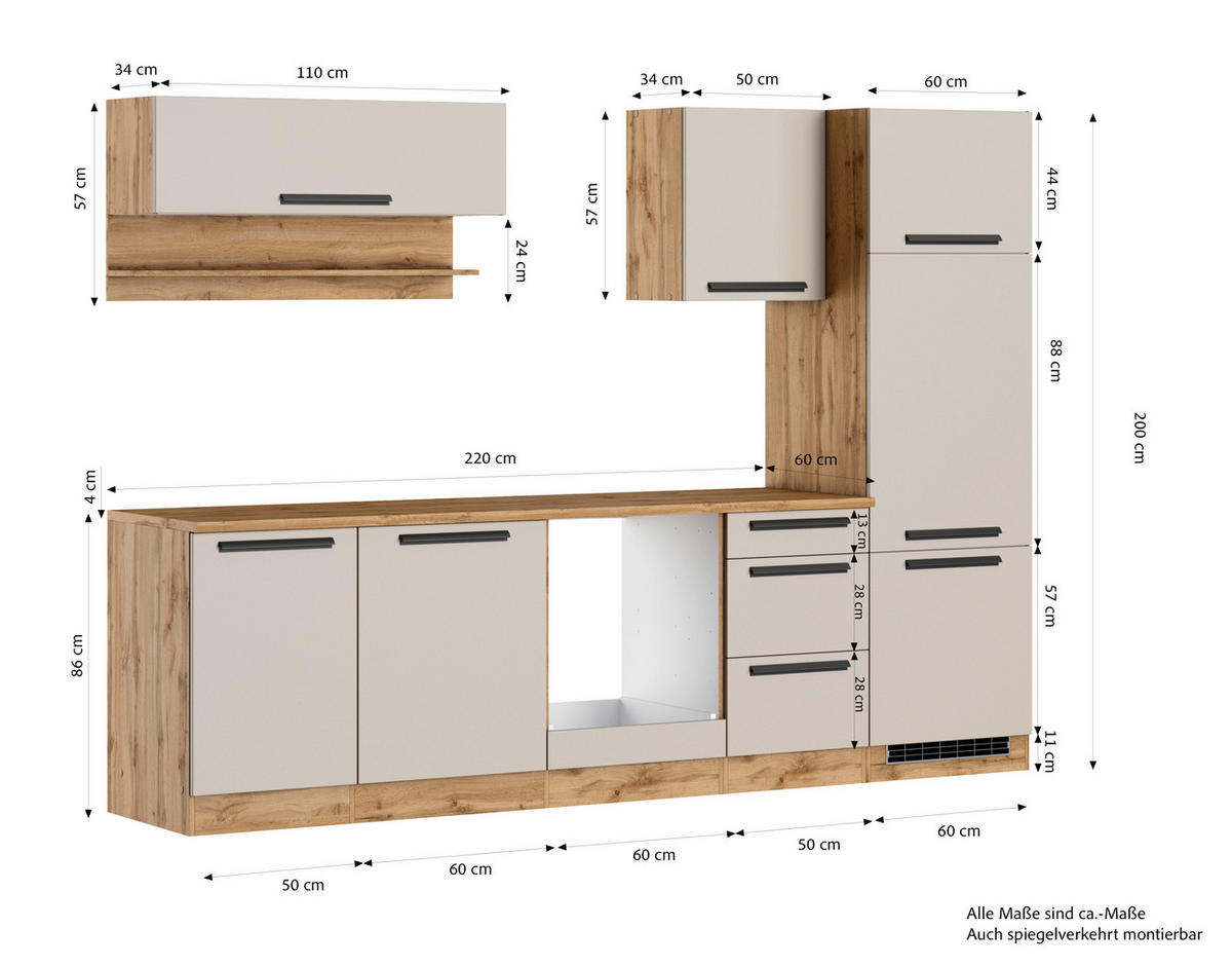 KÜCHENLEERBLOCK Aveiro 280 cm  in Kaschmir, Eiche Wotan  - Kaschmir/Eiche Wotan, Trend, Holzwerkstoff/Metall (280cm) - Held
