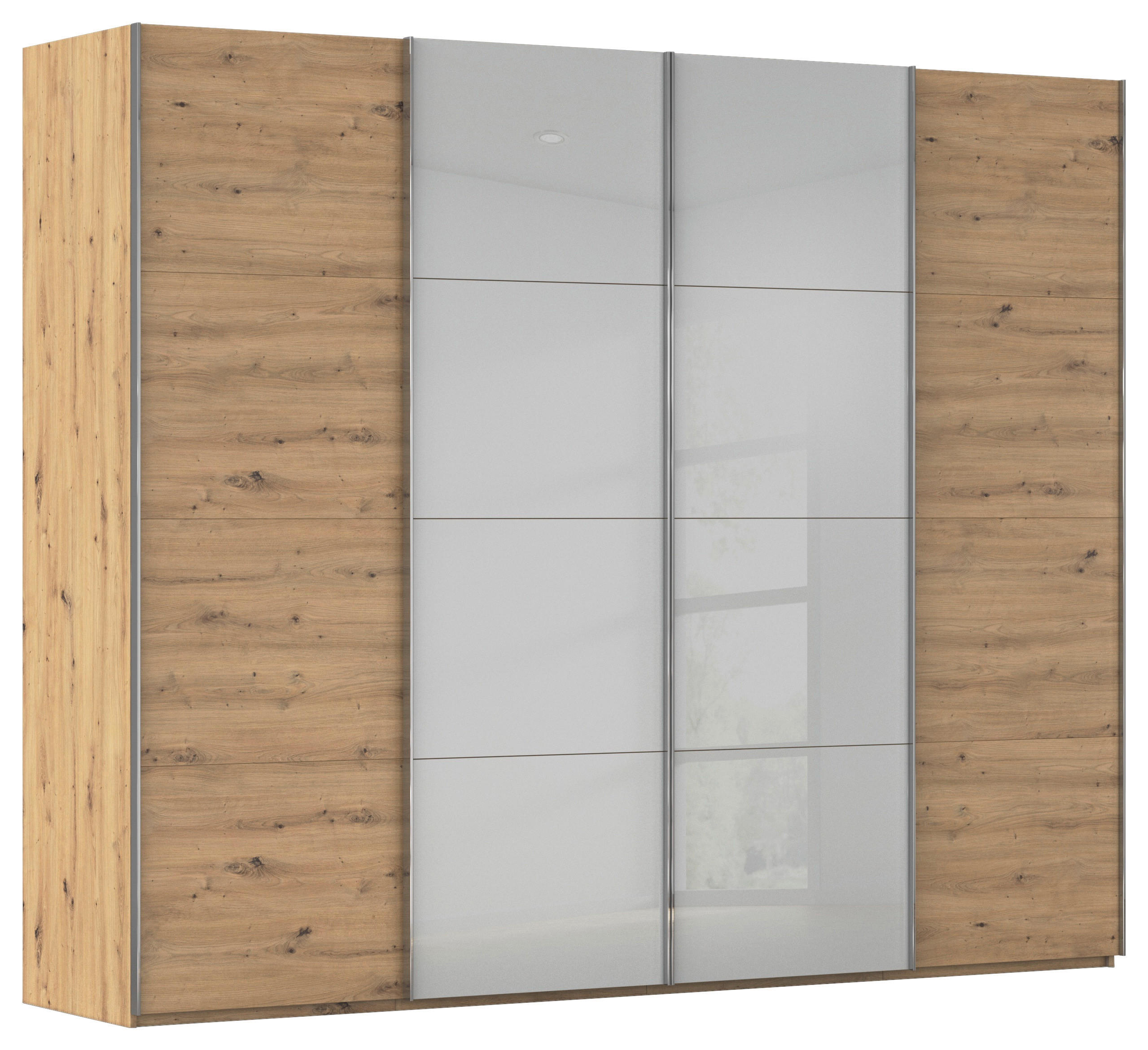 SCHWEBETÜRENSCHRANK 271/235/68 cm 4-türig Grau, Eiche Artisan  - Chromfarben/Eiche Artisan, KONVENTIONELL, Glas/Holzwerkstoff (271/235/68cm) - Novel