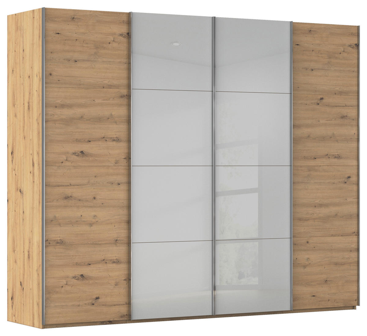 SCHWEBETÜRENSCHRANK 271/235/68 cm 4-türig Grau, Eiche Artisan  - Chromfarben/Eiche Artisan, KONVENTIONELL, Glas/Holzwerkstoff (271/235/68cm) - Novel