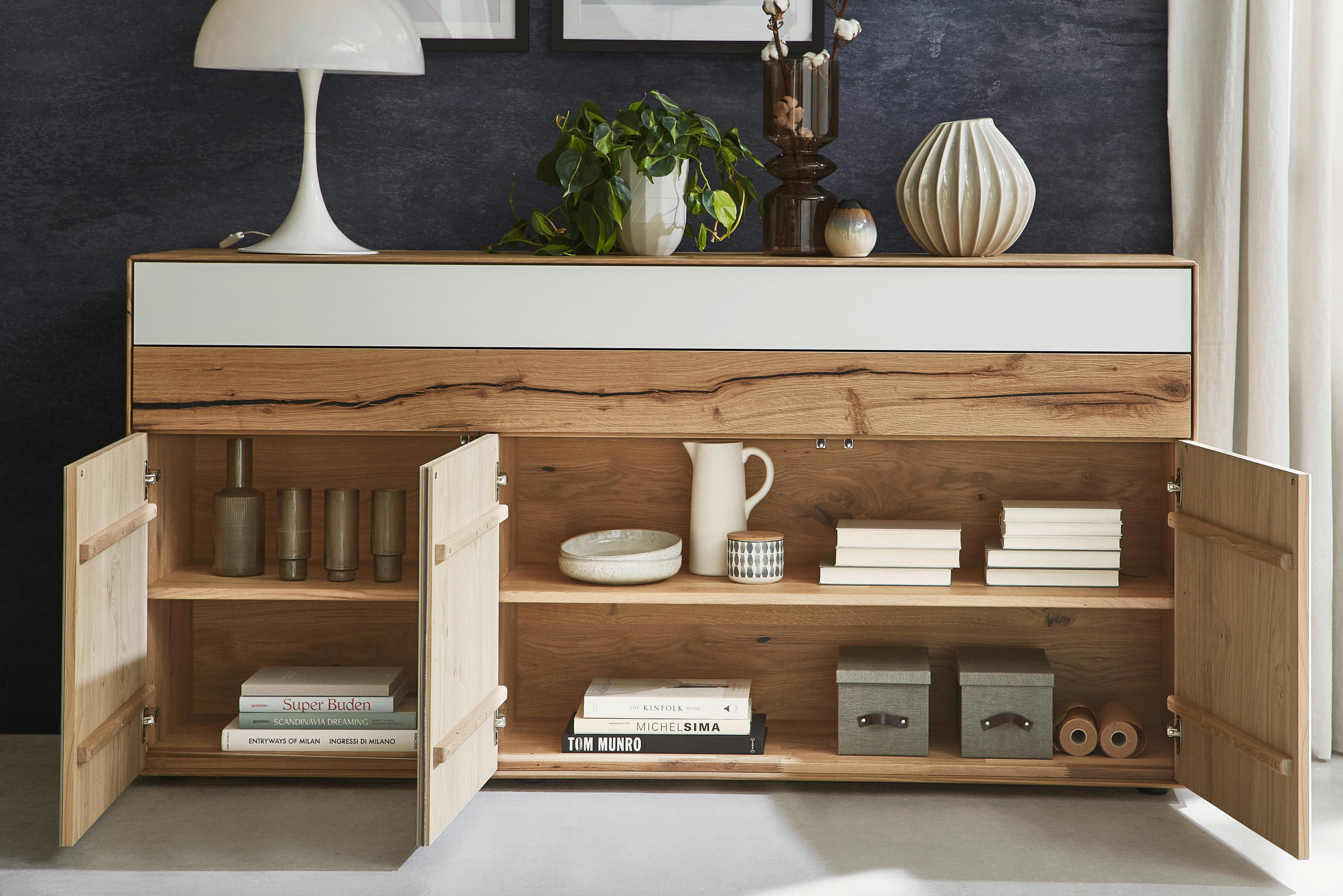 SIDEBOARD Solida  in 152/90,3/47,6 cm  - Eichefarben/Schwarz, Design, Glas/Holz (152/90,3/47,6cm) - Valnatura