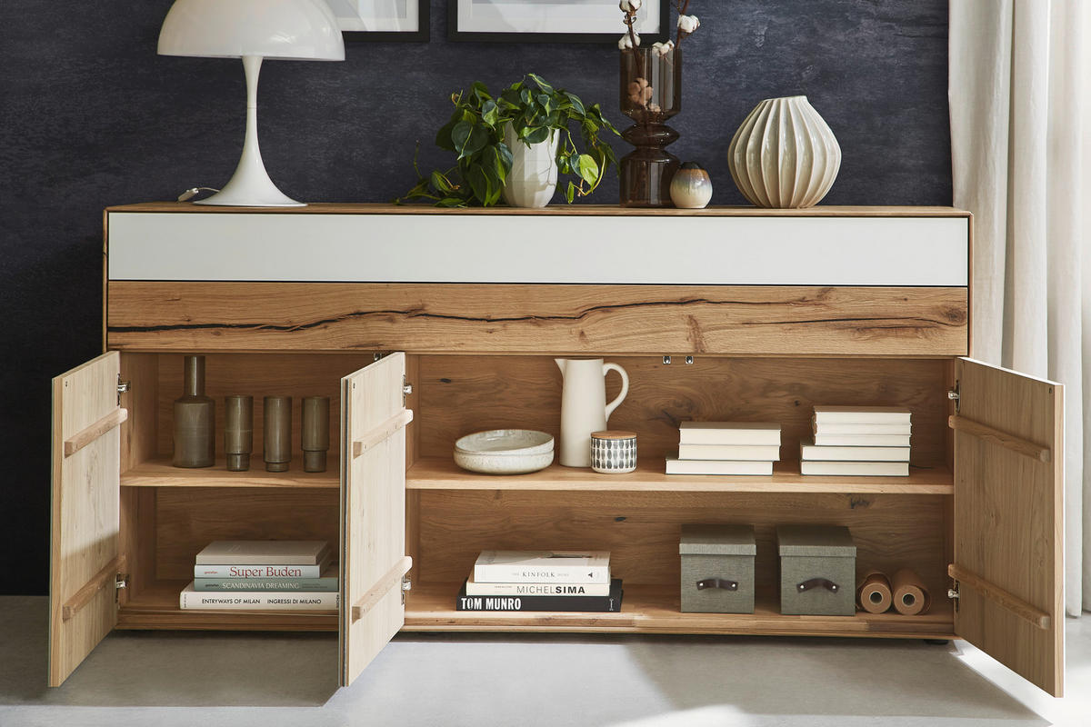 SIDEBOARD Solida Weiss, Eichefarben  182/90/48 cm  - Weiss/Eichefarben, Design, Glas/Holz (182/90/48cm) - Valnatura