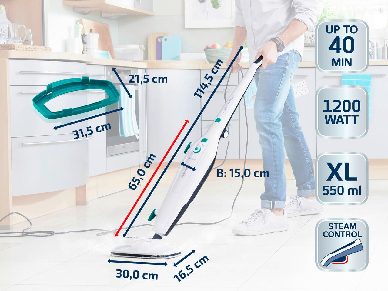 PARNÍ ČISTIČ - bílá, Basics, plast (27,6/26,5/67cm) - Leifheit