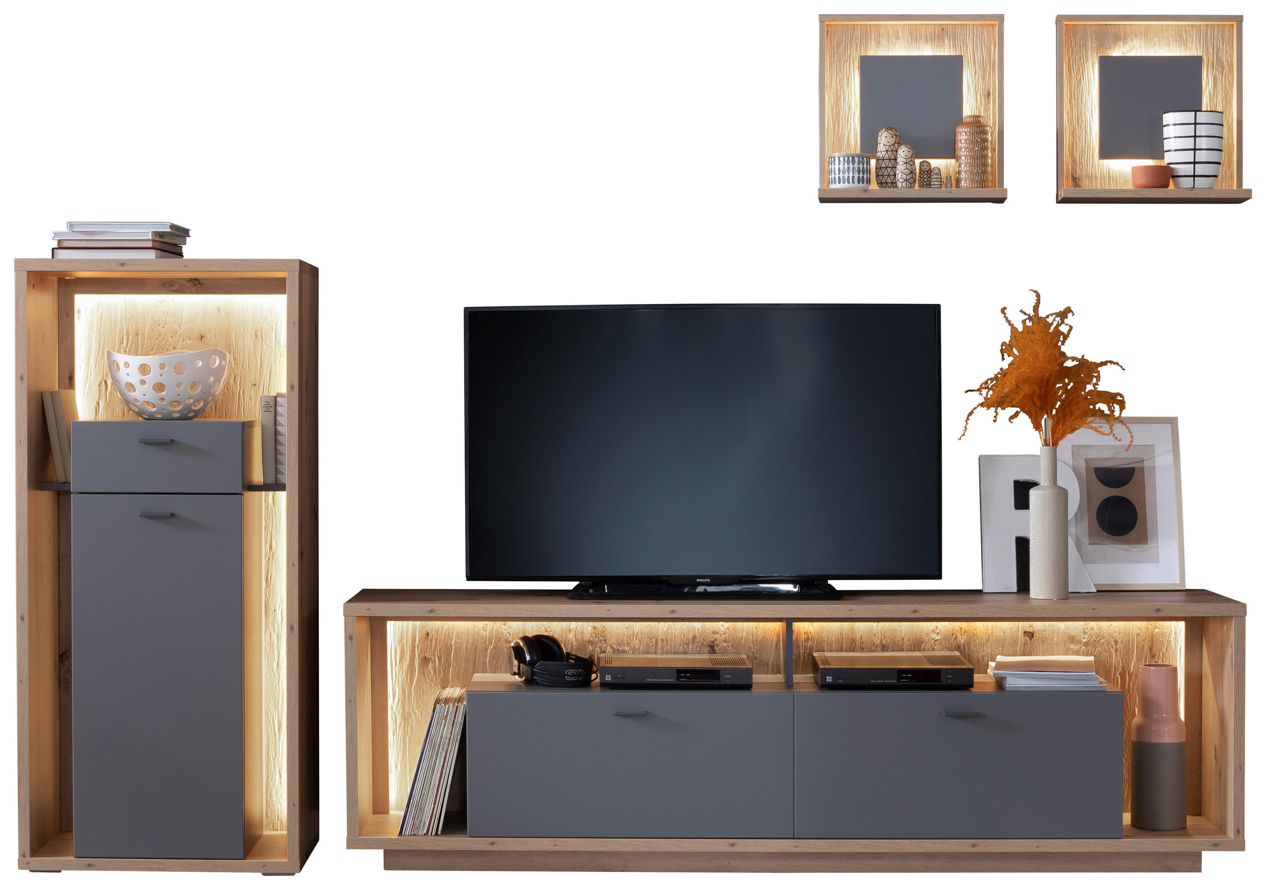 WOHNWAND  in Grau, Eichefarben 286/200/40 cm  - Eichefarben/Grau, Design, Holzwerkstoff/Metall (286/200/40cm) - MID.YOU