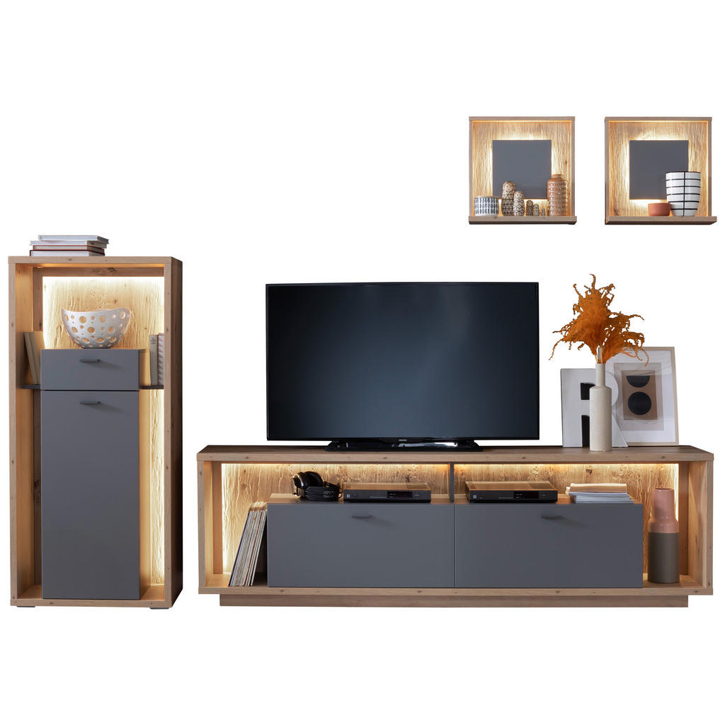 Wohnkombination 4-Tlg. Lizzano Grau/Eichefarben