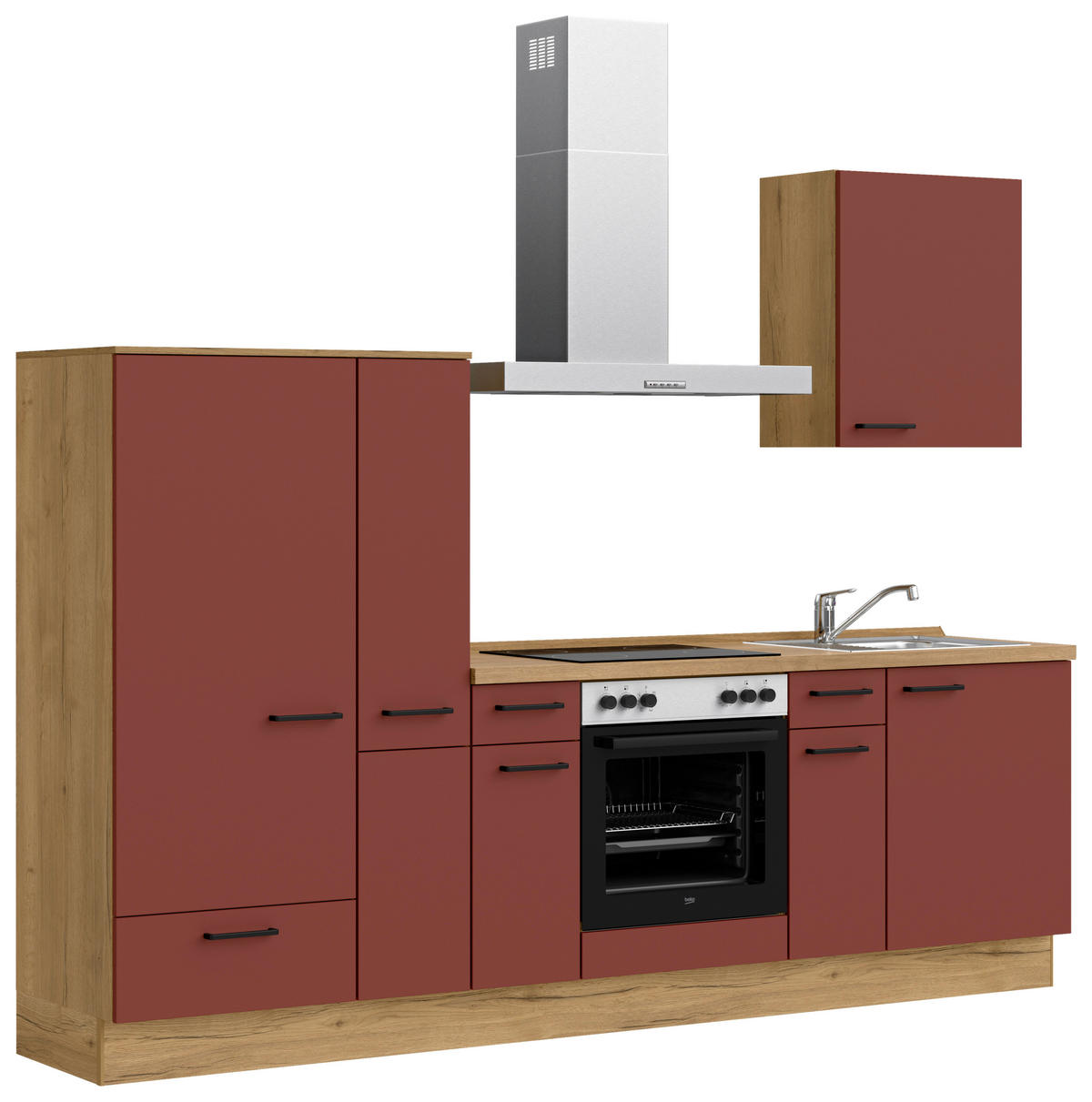 KÜCHENBLOCK Easytouch 270 cm  in Eichefarben, Dunkelrot  - Eichefarben/Schwarz, MODERN, Holzwerkstoff/Metall (270cm) - Nobilia