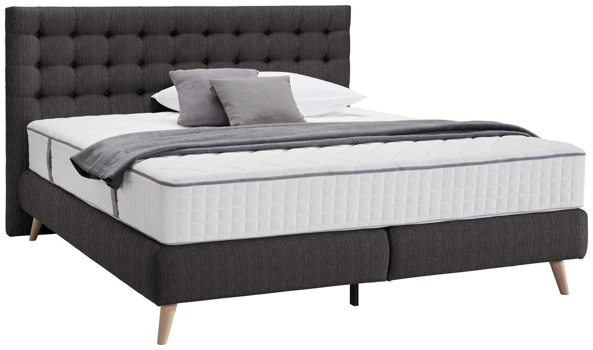 BOXSPRINGBETT 180/200 cm,  in Dunkelgrau, Matratze, gepolstertes Kopfteil, Topper, H4 = sehr fest  - Dunkelgrau, Design, Holz/Textil (180/200cm) - Welnova