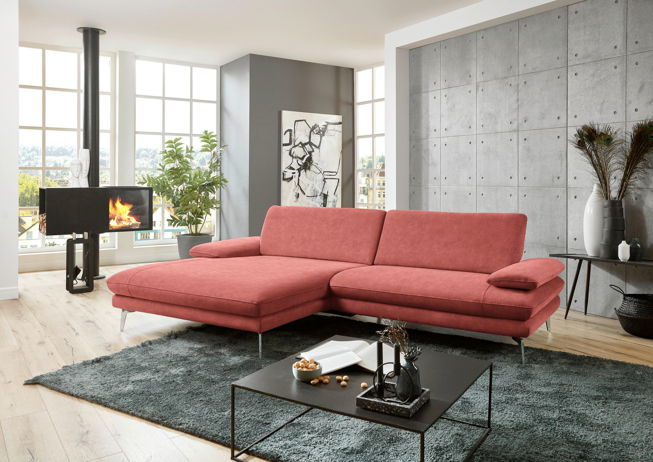ECKSOFA in Velours Koralle  - Koralle/Schwarz, Design, Textil/Metall (184/284cm) - Dieter Knoll