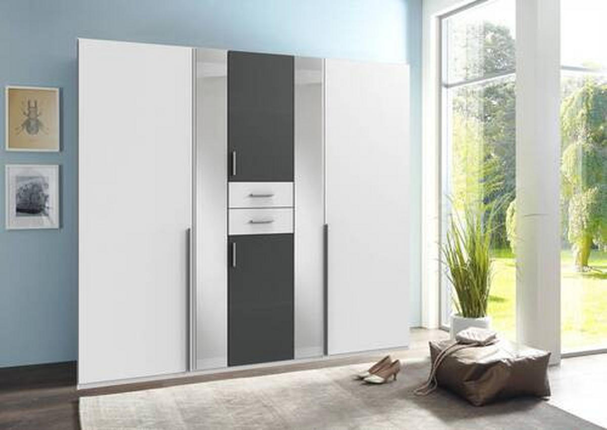 KLEIDERSCHRANK 225/208/58 cm 6-türig Graphitfarben, Weiß  - Alufarben/Graphitfarben, KONVENTIONELL, Glas/Holzwerkstoff (225/208/58cm) - Carryhome