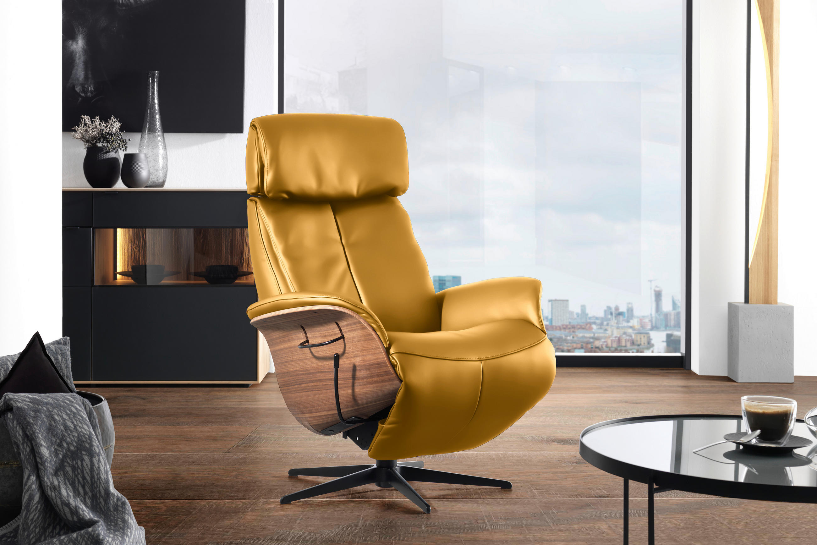 RELAXSESSEL Echtleder Relaxfunktion, Kopfteilverstellung    - Gelb/Nussbaumfarben, Design, Leder/Holz (78/104-113/84cm) - Welnova