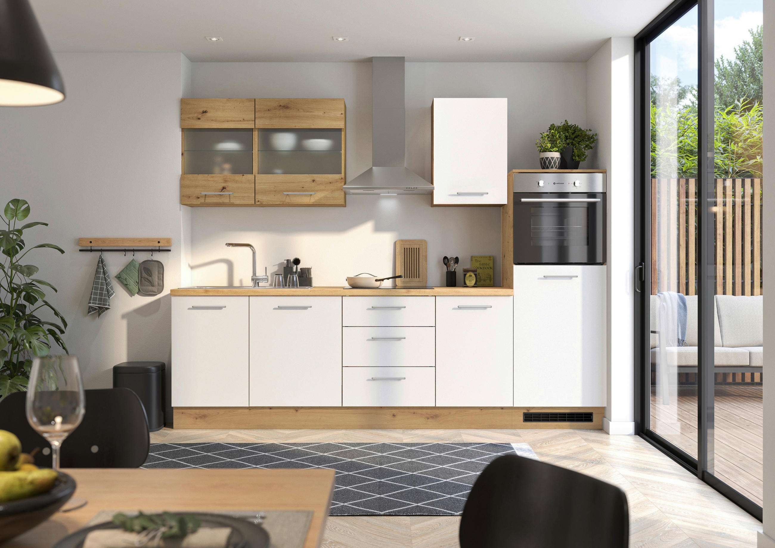 P & B Küchenblock Capri Weiß, Eiche Artisan 280 cm
