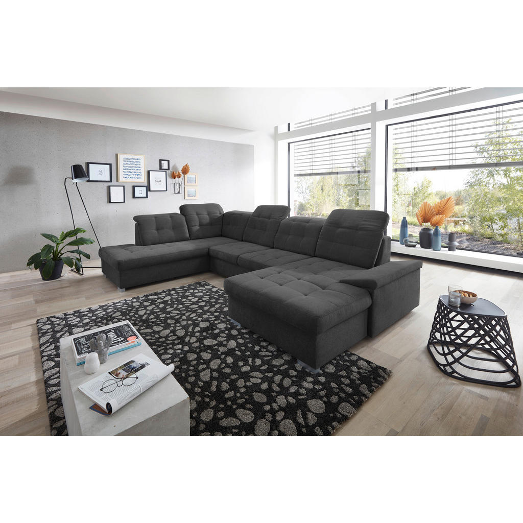 Thumbnail - Livetastic Wohnlandschaft, Schwarz, Textil, Uni, 6-Sitzer, Ottomane links, U-Form, 330x212 cm, Made in EU, Liegefunktion...