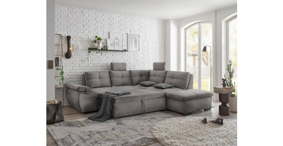 ECKSOFA in Mikrovelours Hellgrau - Hellgrau/Schwarz, KONVENTIONELL, Kunststoff/Textil (265/217cm) - Carryhome