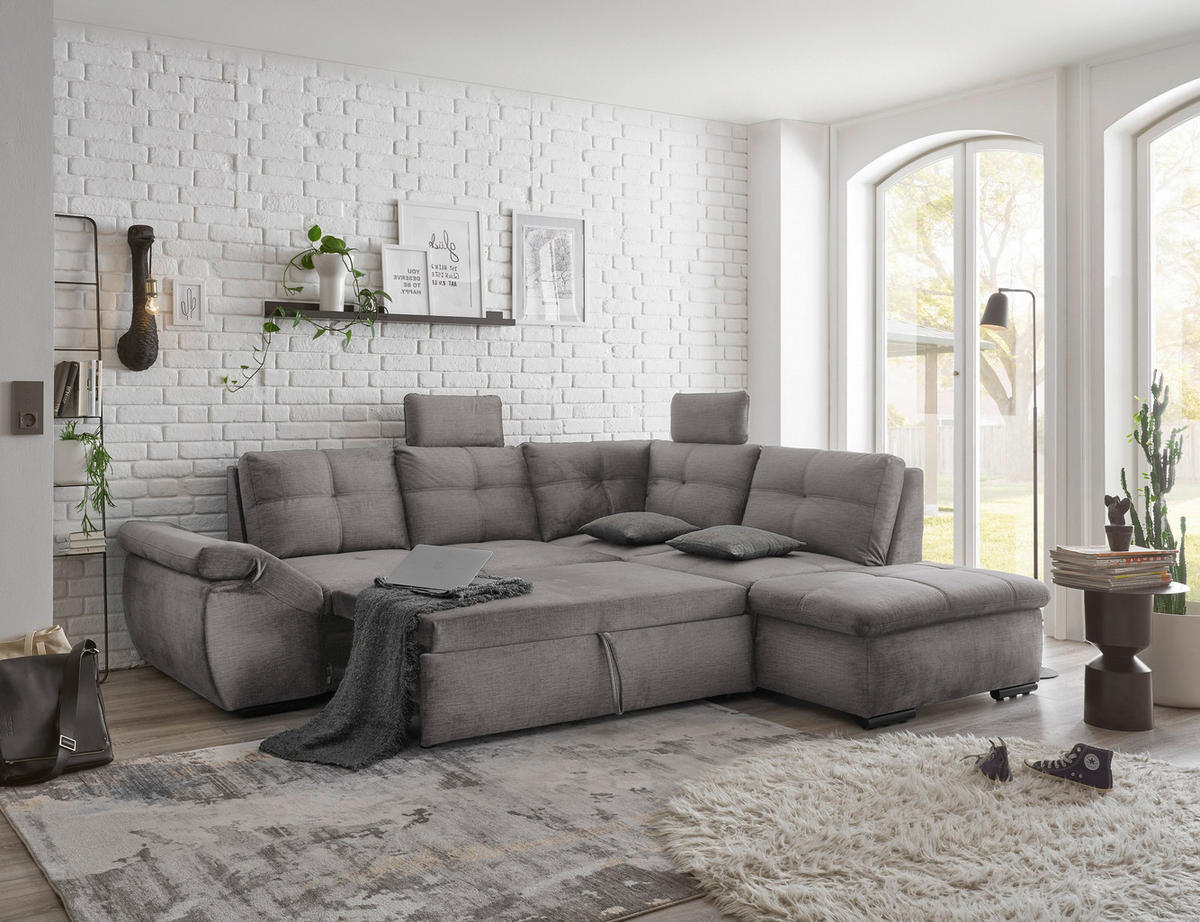 ECKSOFA in Mikrovelours Hellgrau  - Hellgrau/Schwarz, Konventionell, Kunststoff/Textil (265/217cm) - Carryhome