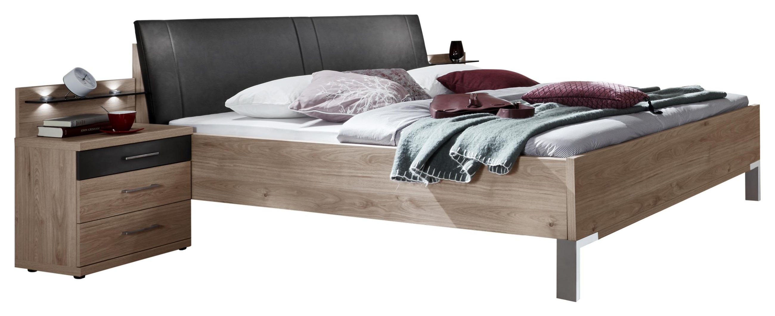 Bettanlage in Eichefarben, Schieferfarben