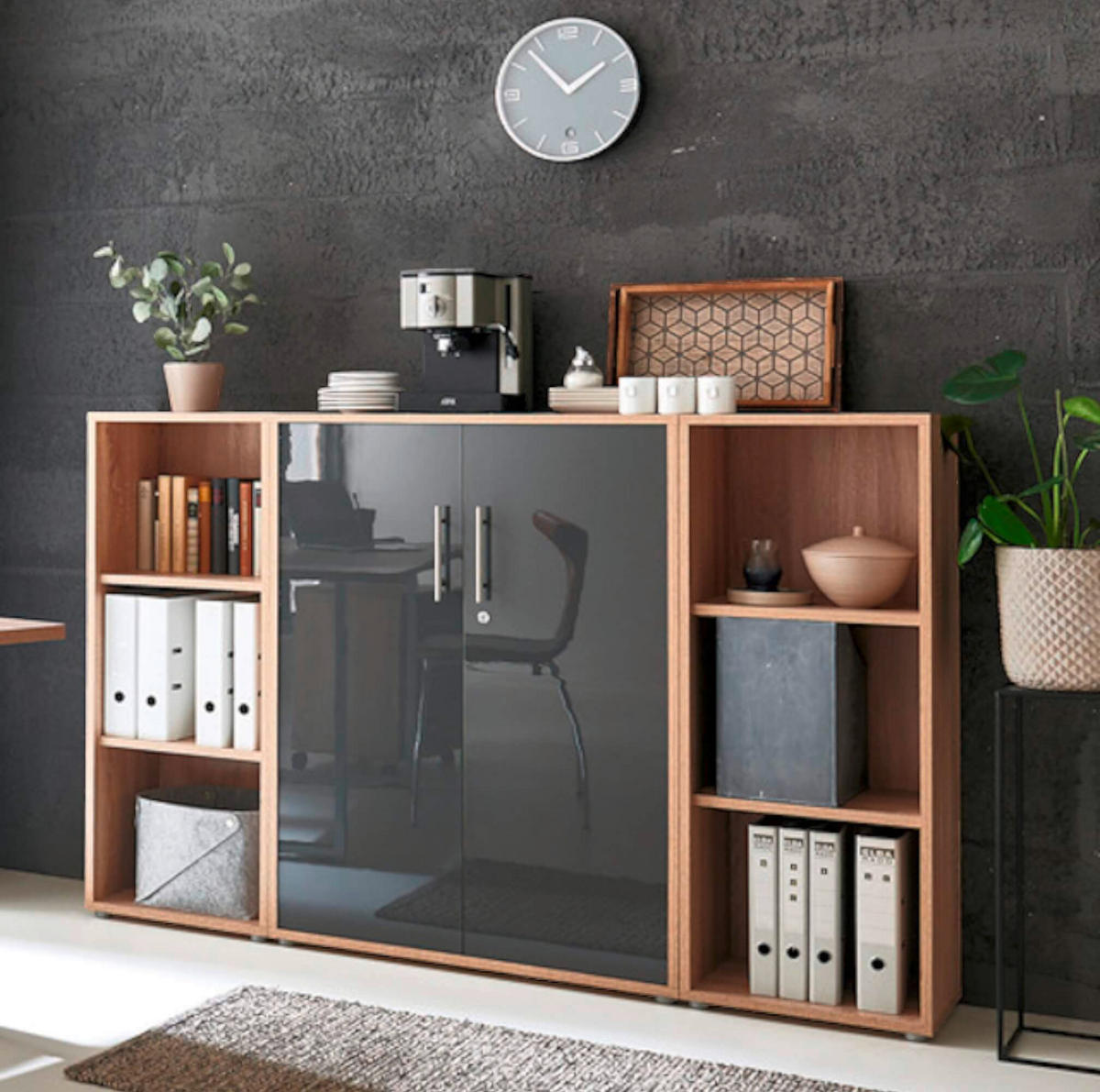 BÜRO erweiterbar, in verschiedenen Holz-Dekoren erhältlich, Schreibtisch seitenverkehrt montierbar, abschließbar Sonoma Eiche, Anthrazit Hochglanz - Anthrazit Hochglanz/Sonoma Eiche, MODERN, Holzwerkstoff - MID.YOU