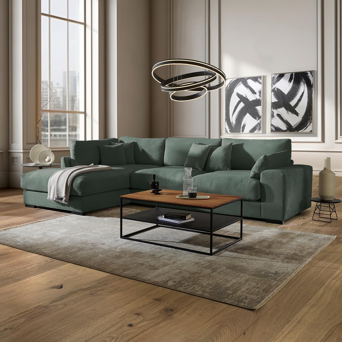 ECKSOFA in Cord Waldgrün  - Waldgrün/Schwarz, Design, Kunststoff/Textil (205/340cm) - Lomoco