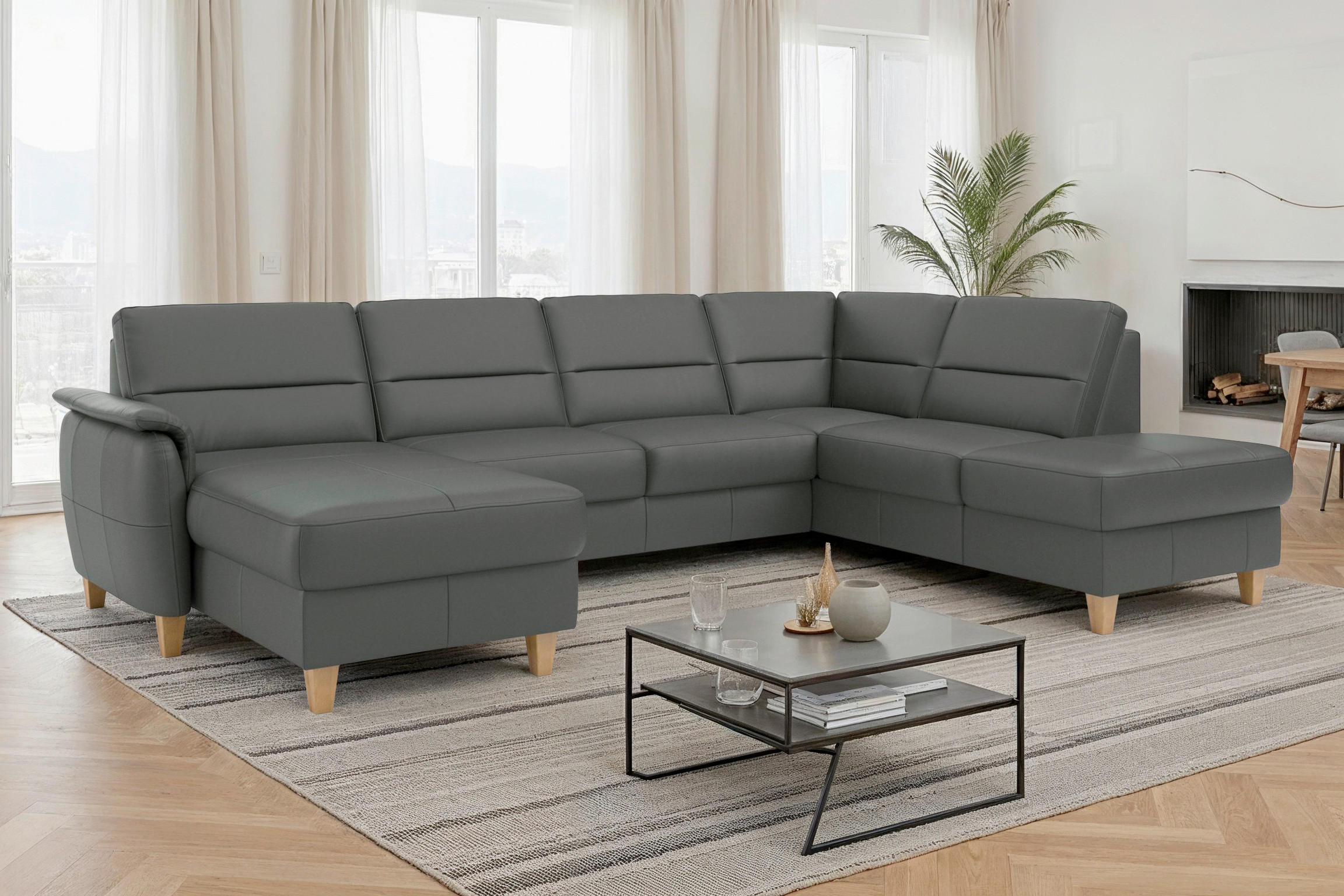 WOHNLANDSCHAFT PALMERA E in Echtleder Anthrazit  - Eichefarben/Anthrazit, Basics, Leder/Holz (163/308/212cm) - Sit & More