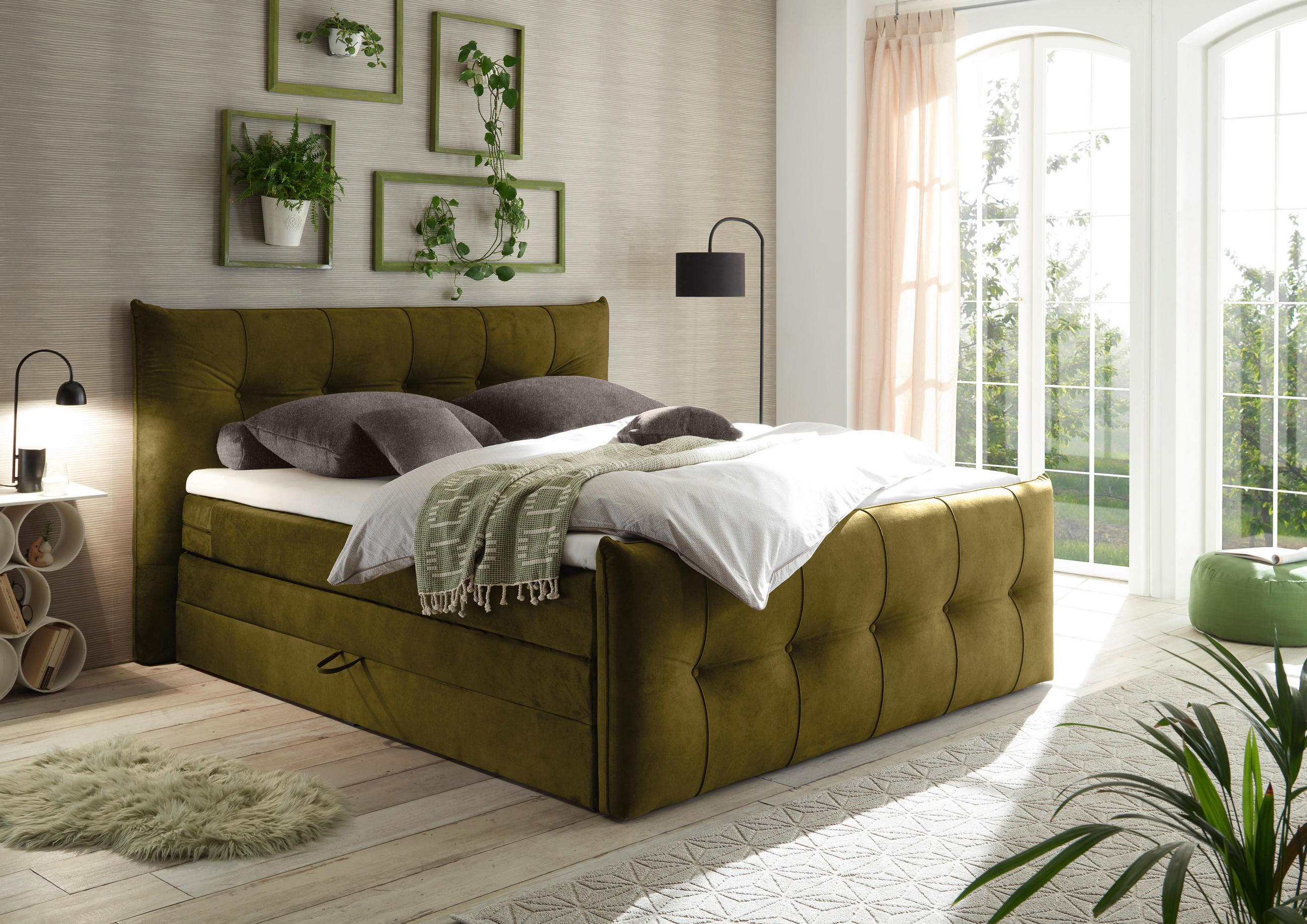 Thumbnail - Esposa Boxspringbett, Olivgrün, Textil, H3 + H4, 7-Zonen, Höhe ca. 18 cm, 180x200 cm, Stoffauswahl, Topper durchgehend, ...