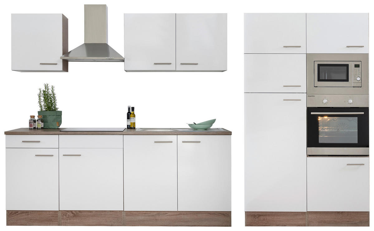 KÜCHENBLOCK 330 cm   in Weiss, Eichefarben  - Weiss/Eichefarben, Modern, Holzwerkstoff (330cm) - Respekta