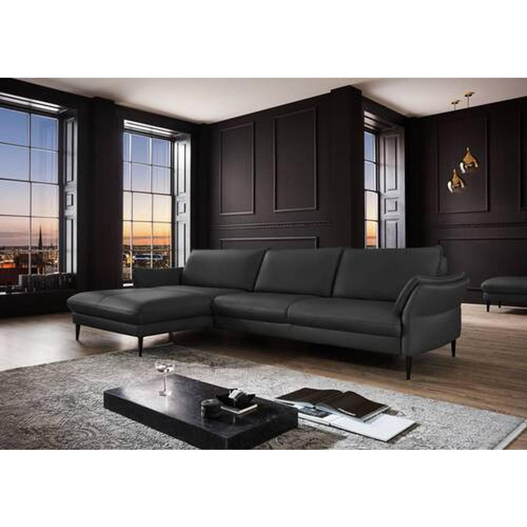 Thumbnail - Hukla Ecksofa, Schwarz, Leder, Echtleder, Longlife-Leder, Semi-Anilinleder, 4-Sitzer, Ottomane links, L-Form, 334x172 cm...