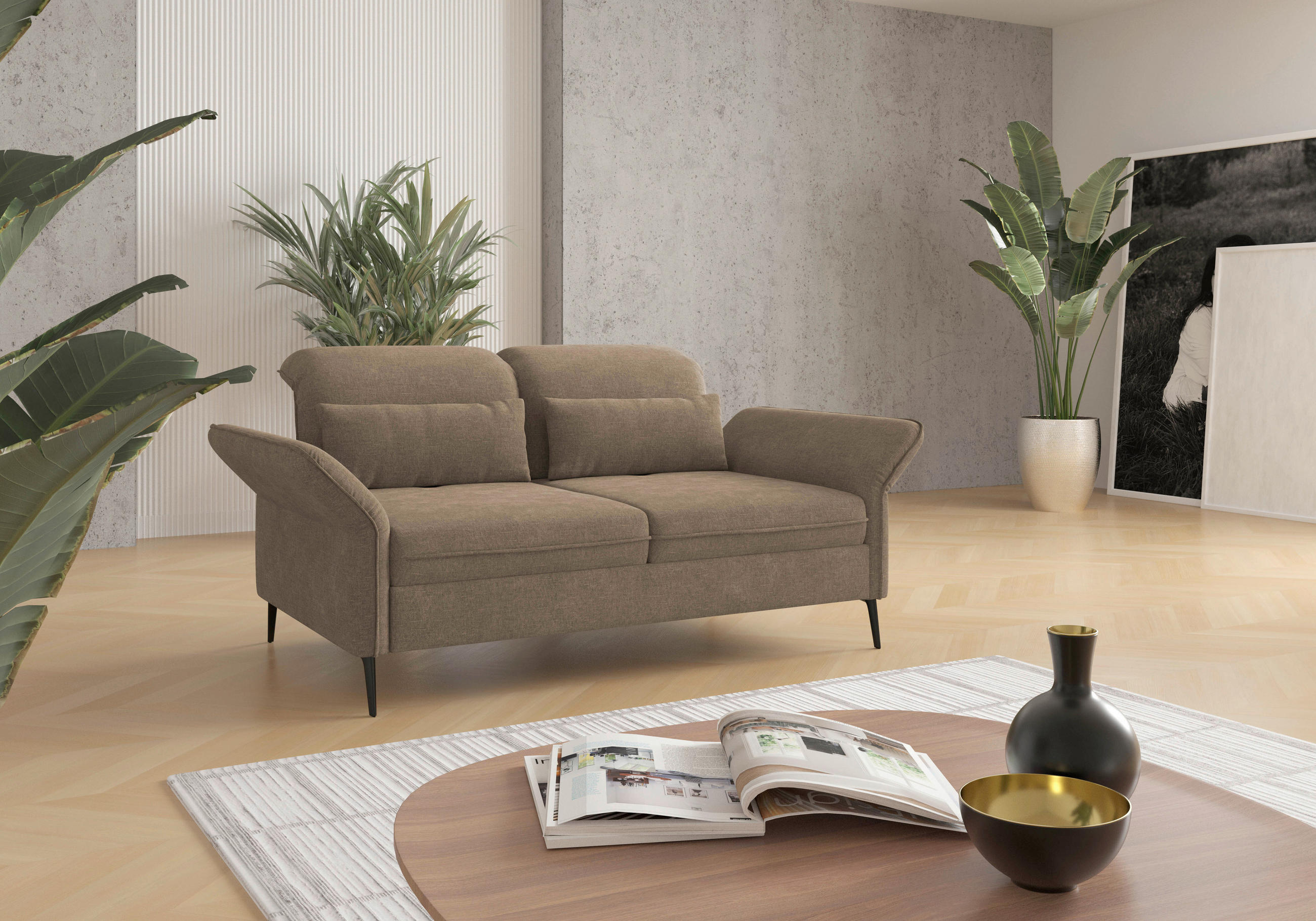 3-SITZER-SOFA in Flachgewebe Hellbraun  - Hellbraun/Schwarz, Konventionell, Textil/Metall (199/92/123cm) - Sit & More