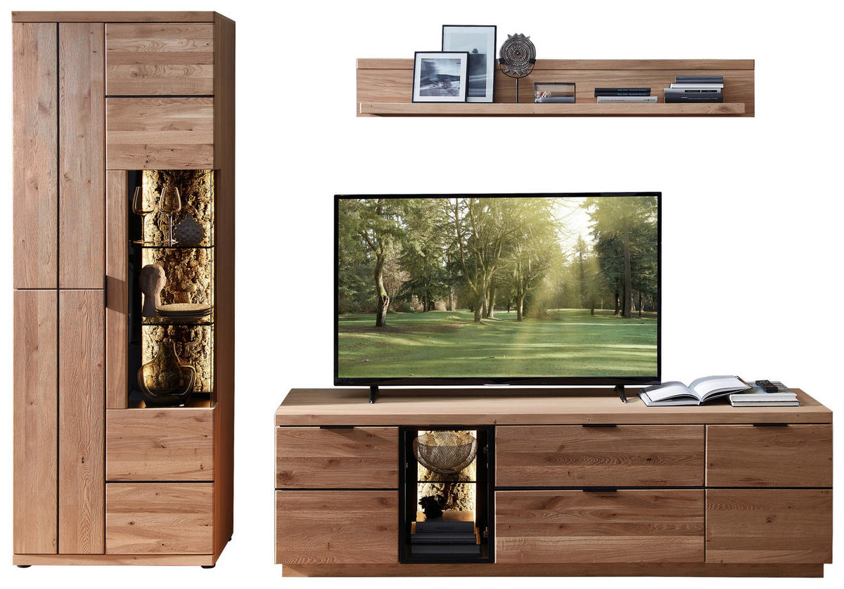 WOHNWAND  in Schwarz, Wildeiche  290/207/50 cm  - Wildeiche/Schwarz, KONVENTIONELL, Glas/Holz (290/207/50cm) - Linea Natura