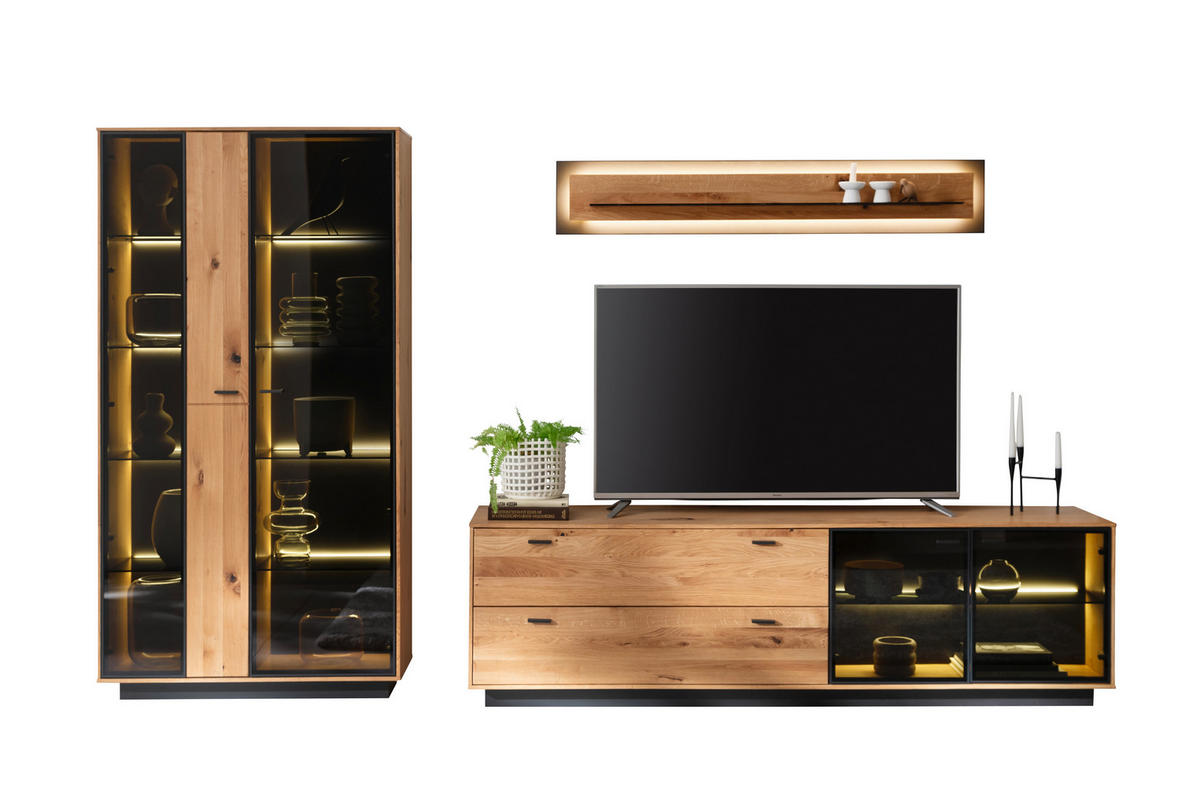 WOHNWAND  in Anthrazit, Eichefarben 319/190/50 cm  - Eichefarben/Anthrazit, Natur, Glas/Holz (319/190/50cm) - Linea Natura