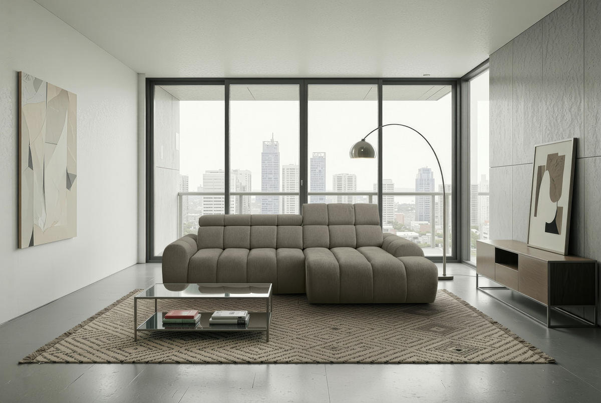 ECKSOFA Graubraun Chenille Bettkasten, Rücken echt, Kopfteilverstellung, Sitzvorzug  - Graubraun/Schwarz, Design, Kunststoff/Textil (290/152cm) - Stylife