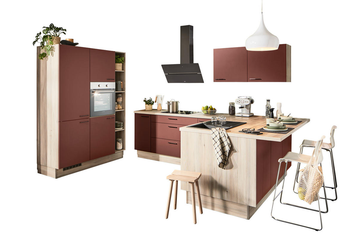 ECKKÜCHE  in Rot, Tannenholzfarben  - Rot/Tannenholzfarben, Design, Holzwerkstoff/Metall (150/280/121,6cm) - Xora