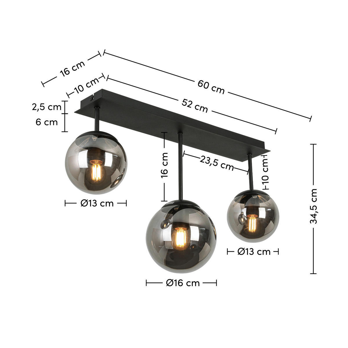 DECKENLEUCHTE    60/16/34,5 cm  - Chromfarben/Schwarz, Trend, Glas/Kunststoff (60/16/34,5cm) - Novel