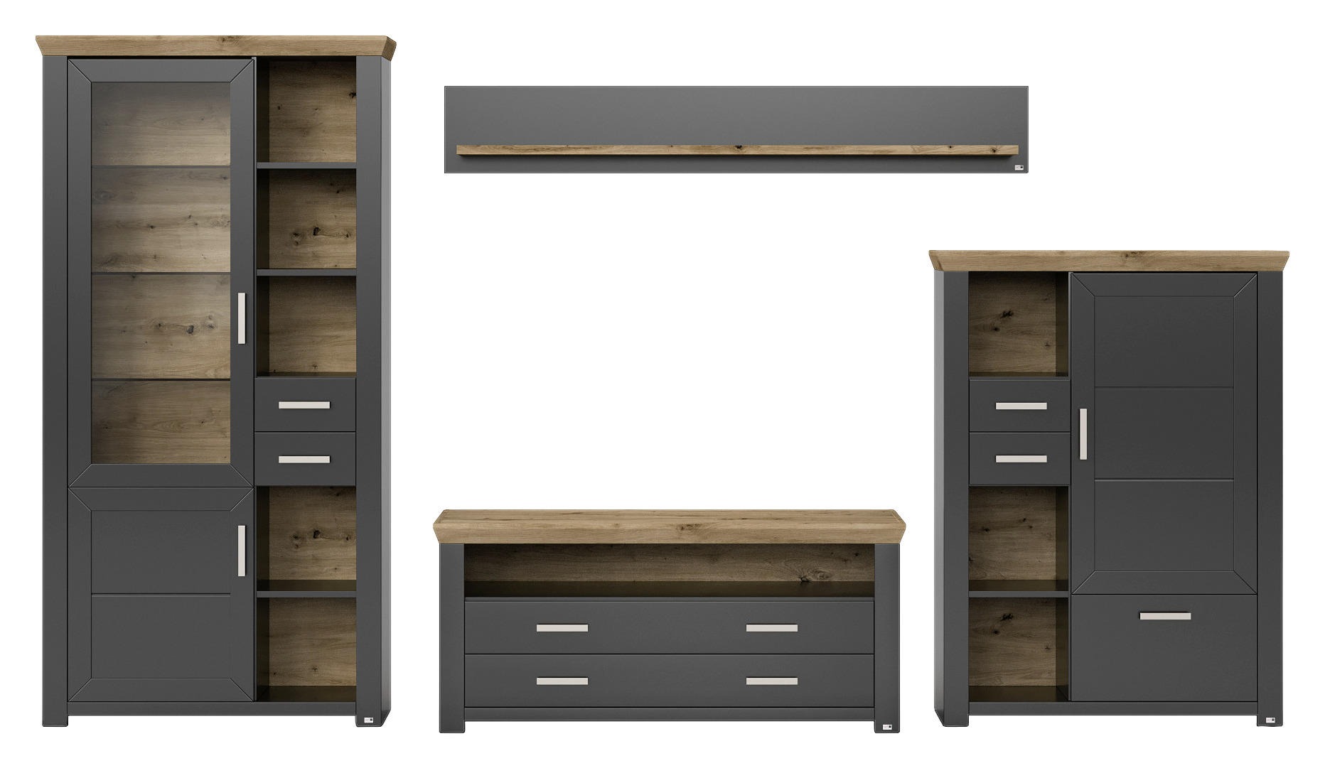 WOHNWAND Graphitfarben, Eiche Artisan - Graphitfarben/Eiche Artisan, Design, Glas/Holzwerkstoff (370/206,6/51,2cm) - SetOne by Musterring