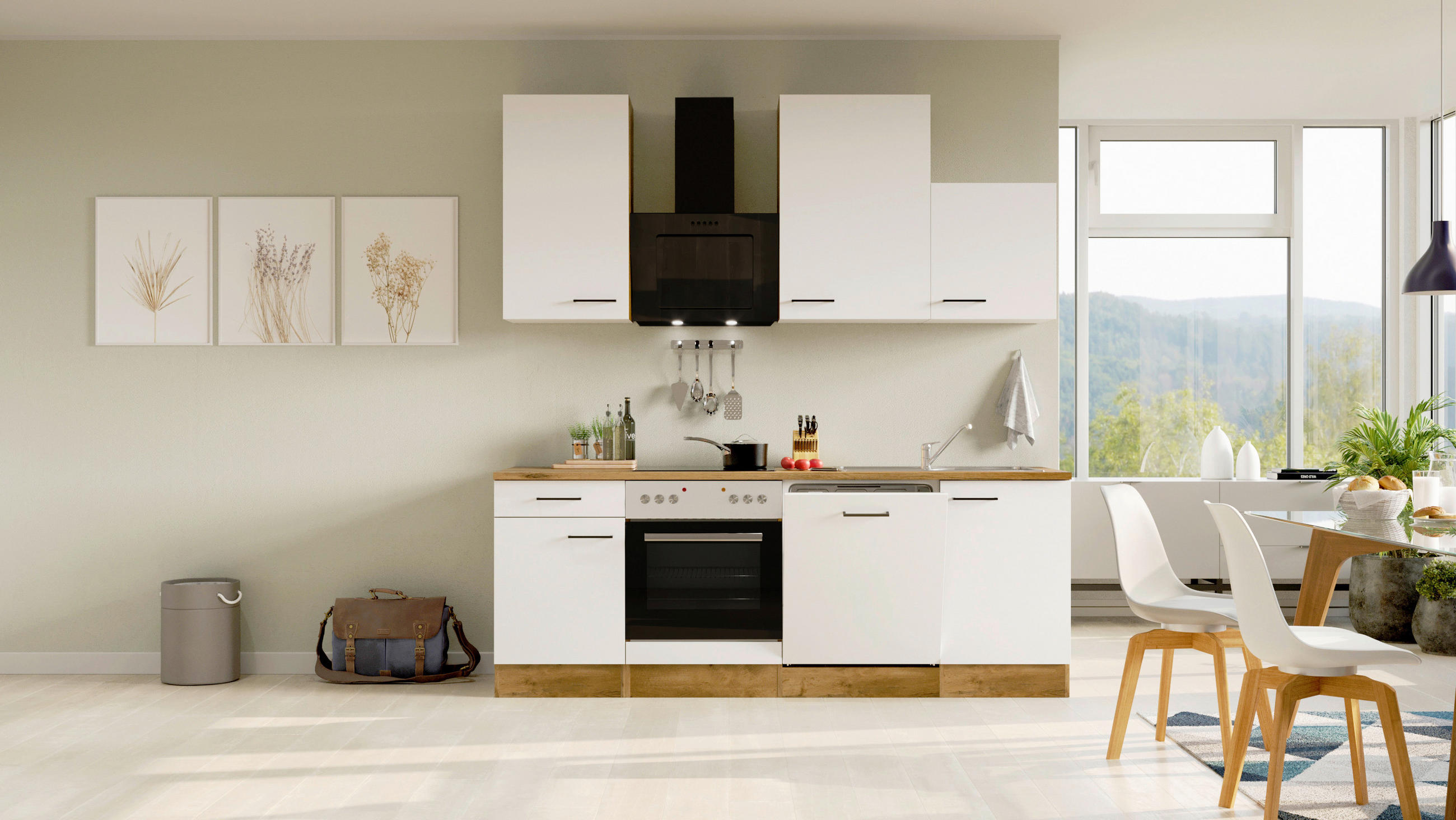 KÜCHENBLOCK 220 cm   in Eichefarben, Magnolie  - Eichefarben/Magnolie, MODERN, Holzwerkstoff/Metall (220cm) - FlexWell