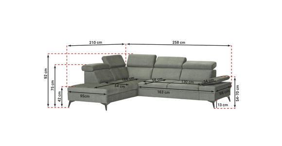 ECKSOFA Greige Flachgewebe Rücken echt, Kopfteilverstellung, Sitzvorzug  - Greige/Schwarz, MODERN, Textil/Metall (210/258cm) - Landscape
