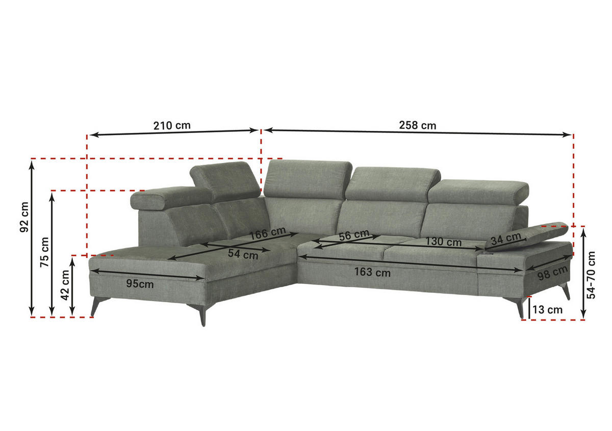ECKSOFA Greige Flachgewebe Rücken echt, Kopfteilverstellung, Sitzvorzug  - Greige/Schwarz, MODERN, Textil/Metall (210/258cm) - Landscape