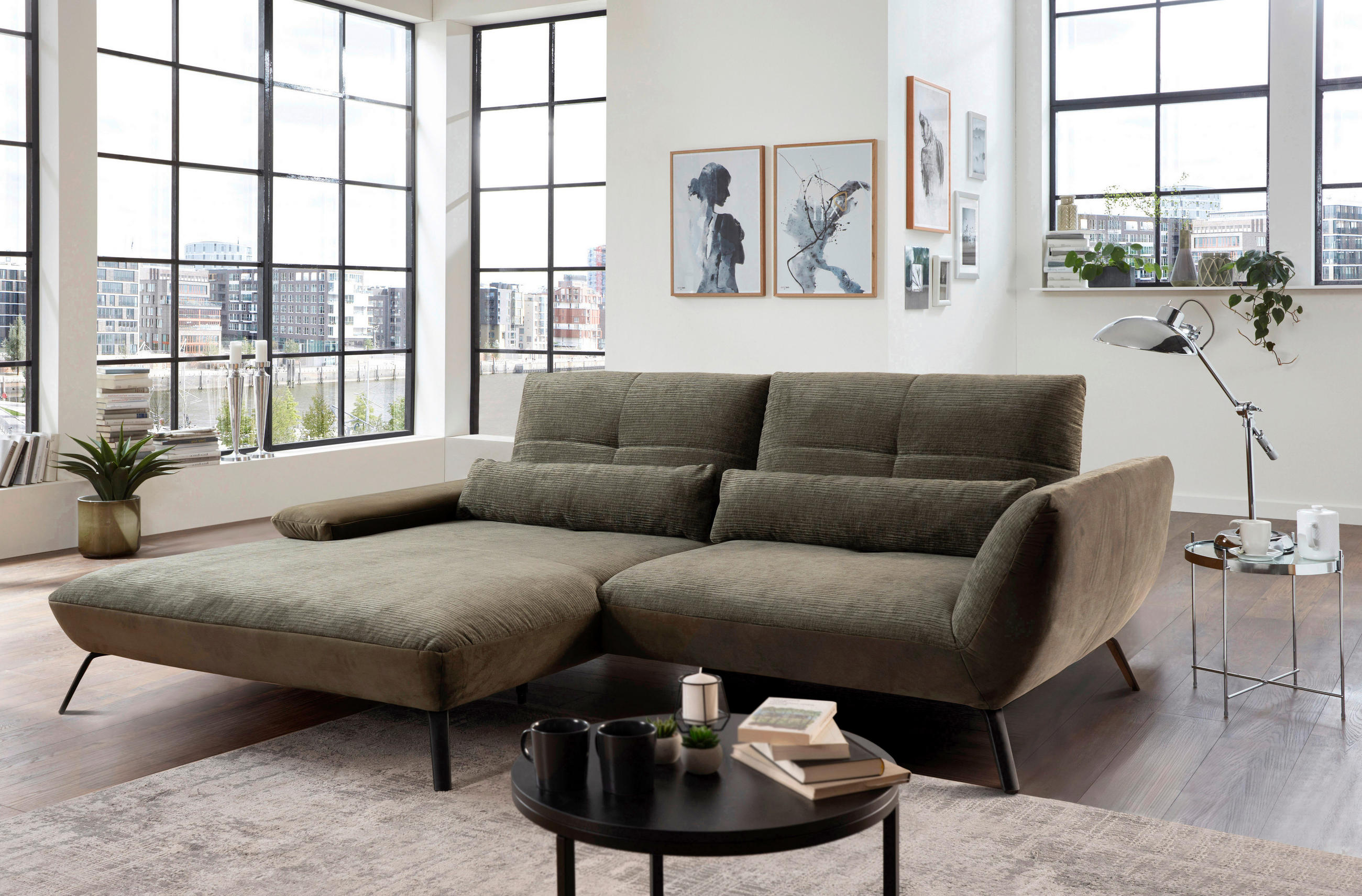 ECKSOFA Olivgrün Flachgewebe  - Schwarz/Olivgrün, Trend, Textil/Metall (191-207/273cm) - Livetastic