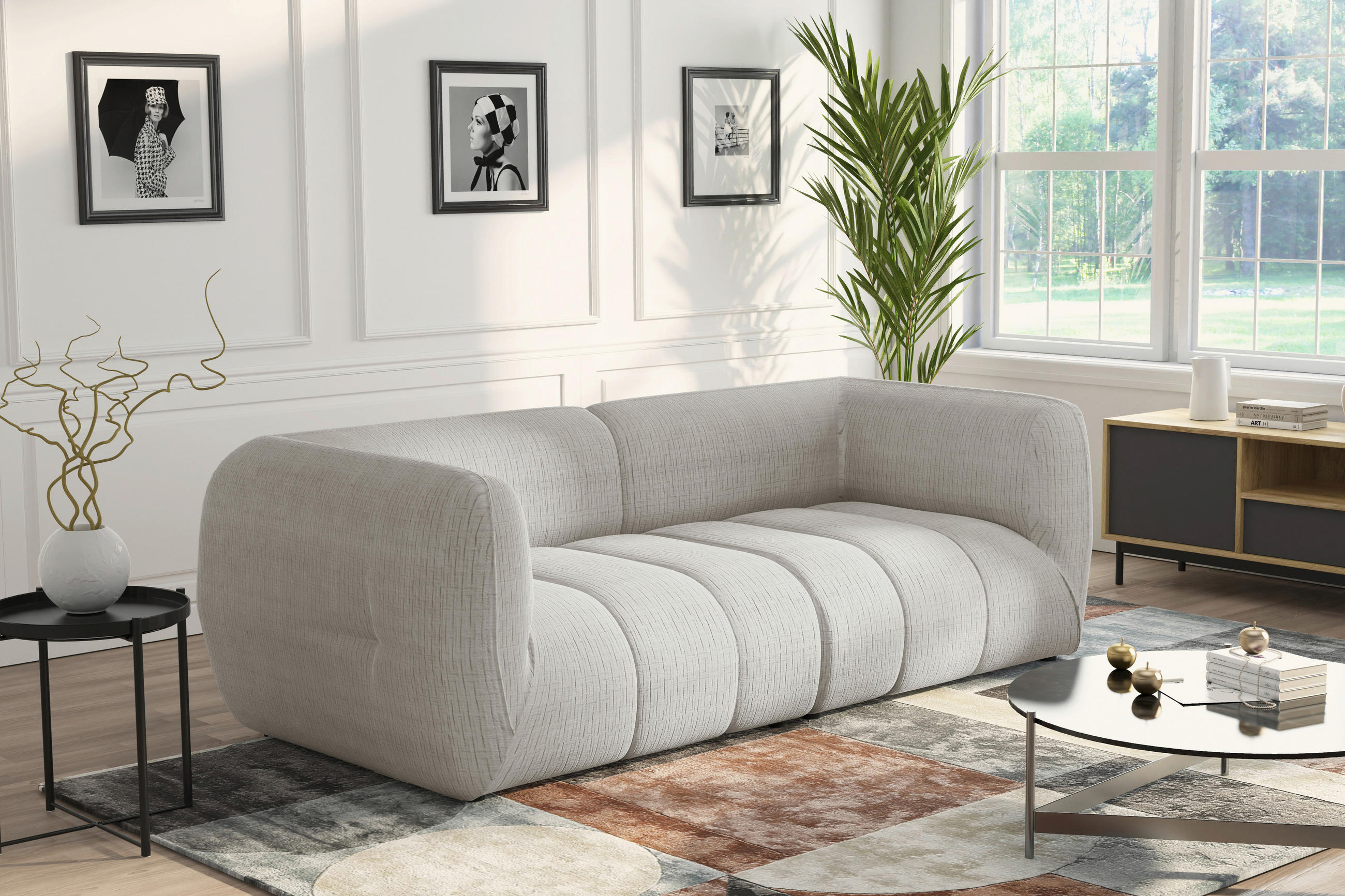 SOFA in Struktur Creme  - Creme/Schwarz, Design, Holz/Textil (240/80/95cm) - MID.YOU