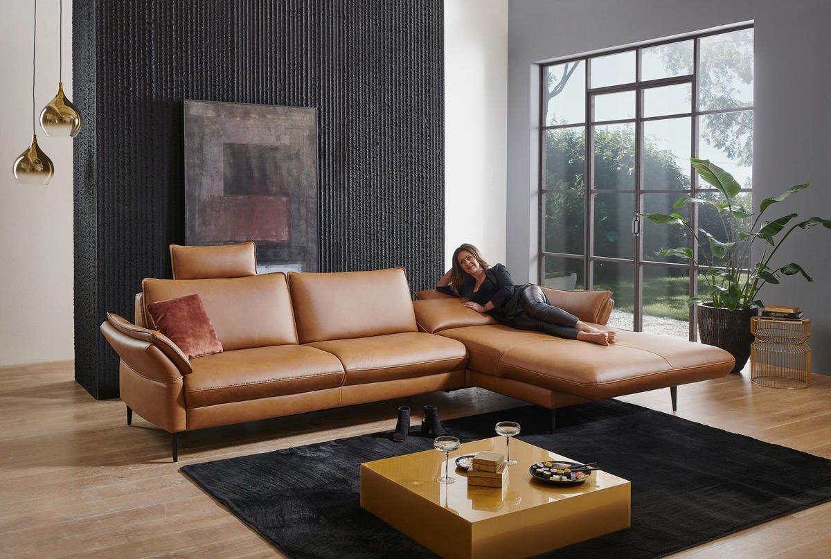 ECKSOFA in Echtleder Braun  - Schwarz/Braun, Design, Leder/Metall (334/172cm) - Valdera