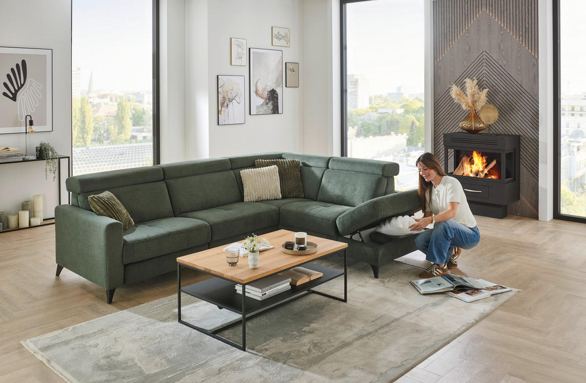 ECKSOFA Beldomo System Dunkelgrün Flachgewebe Kopfteilverstellung  - Dunkelgrün/Schwarz, KONVENTIONELL, Textil/Metall (276/214cm) - Beldomo System