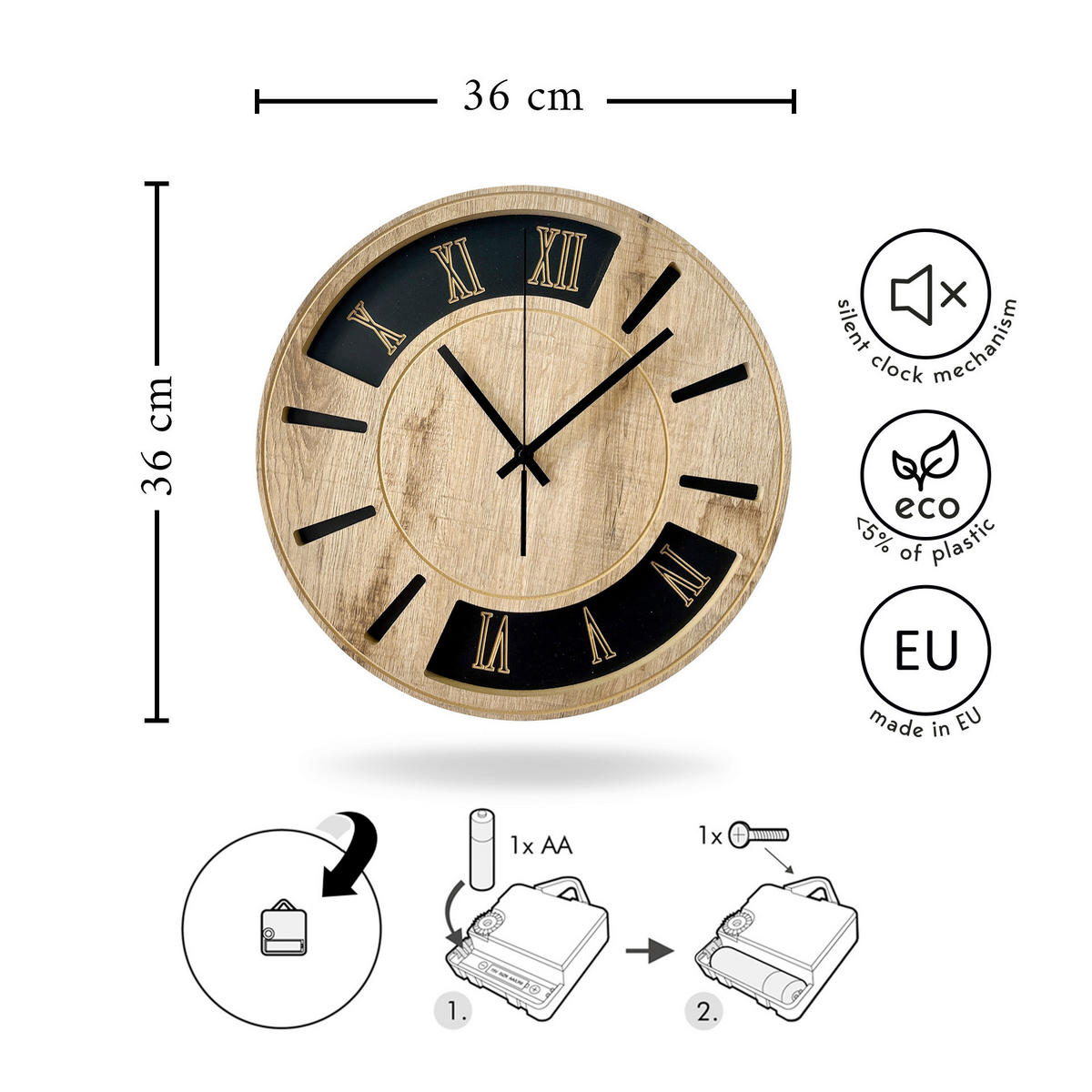 WANDUHR Schwarz, Eichefarben  - Eichefarben/Schwarz, Basics, Holz/Kunststoff (36cm)