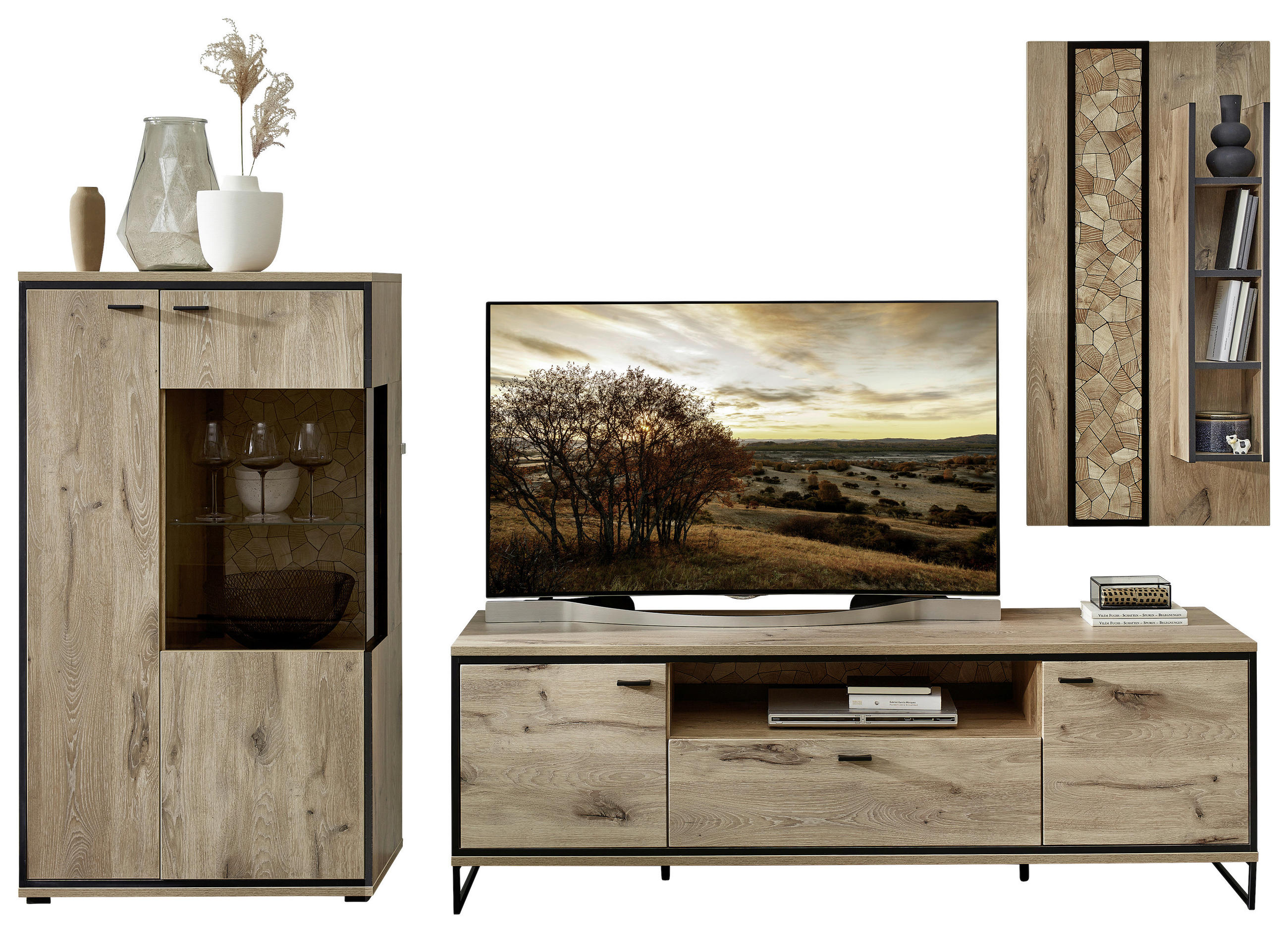 WOHNWAND  in Schwarz, Eichefarben  290/201/49 cm  - Eichefarben/Schwarz, KONVENTIONELL, Glas/Holzwerkstoff (290/201/49cm) - Livetastic