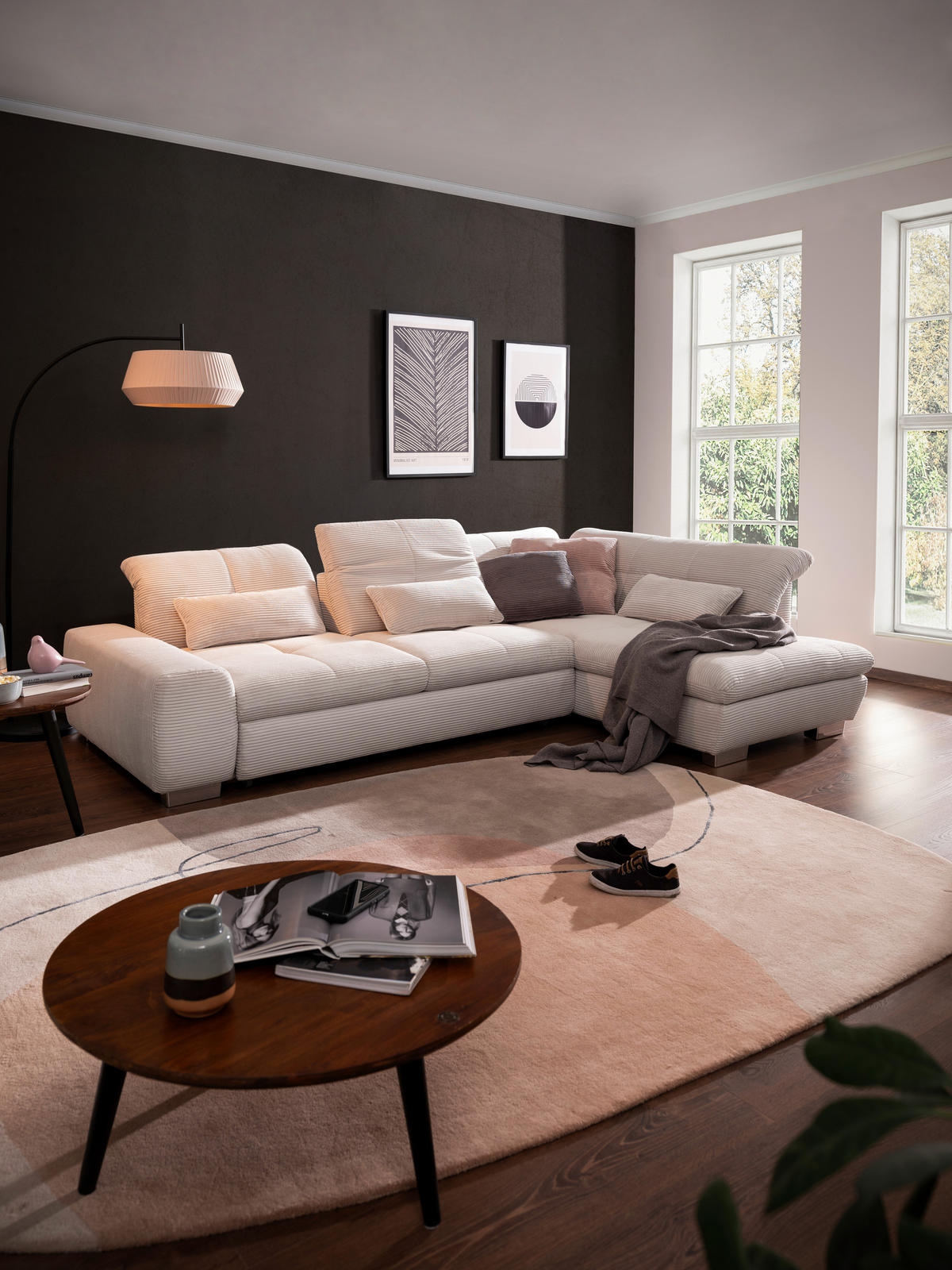 ECKSOFA Hellgrau Cord  - Chromfarben/Hellgrau, Design, Kunststoff/Textil (292/212cm) - SetOne by Musterring