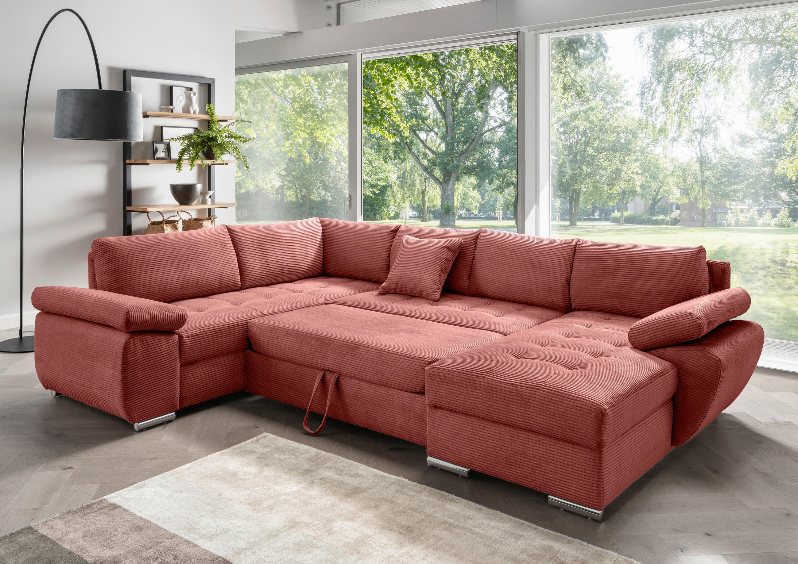 Wohnlandschaft in Cord Koralle  - Chromfarben/Koralle, KONVENTIONELL, Textil/Metall (219/305/157cm) - Livetastic