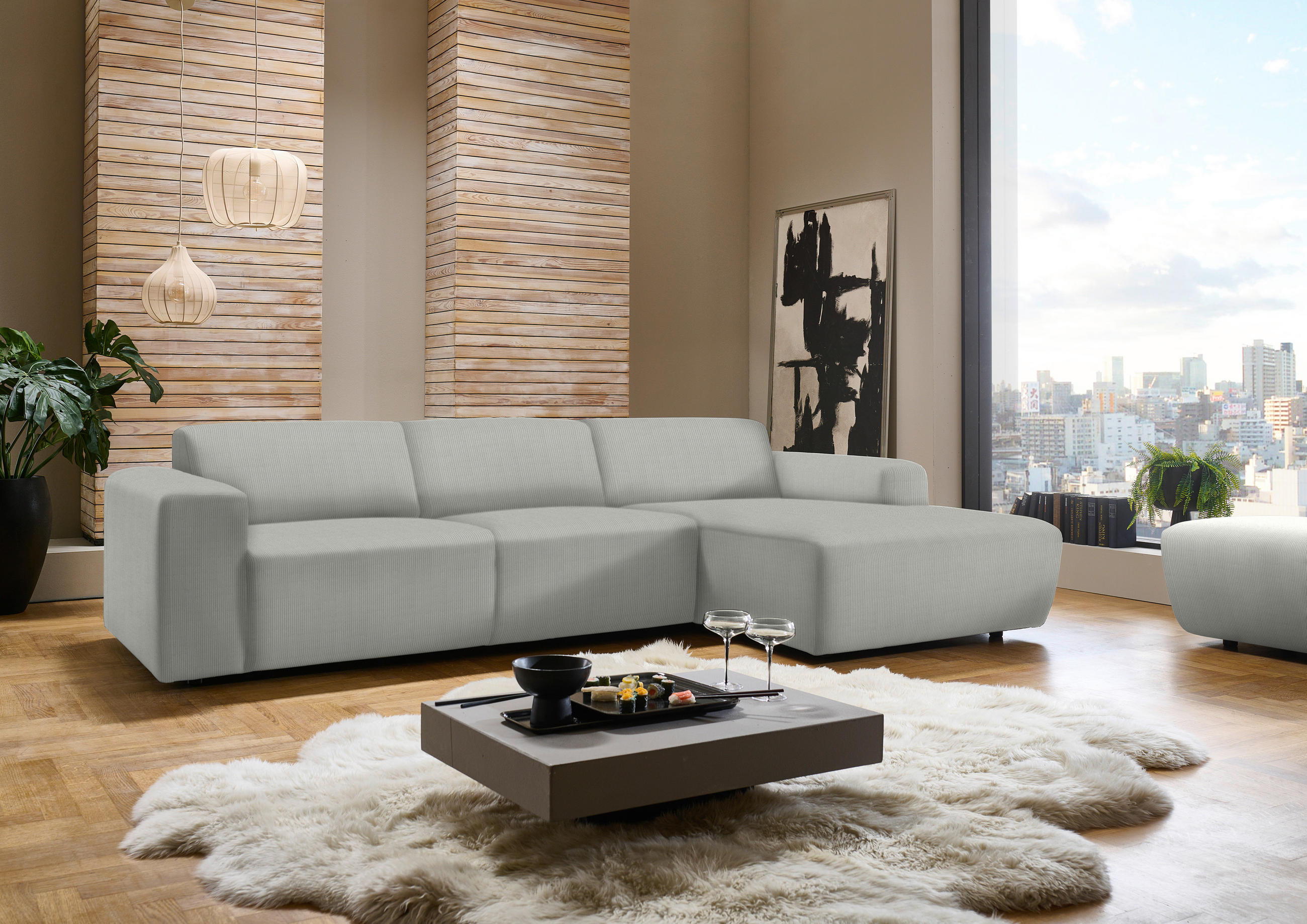 ECKSOFA in Feincord Hellgrau  - Hellgrau/Schwarz, Design, Kunststoff/Textil (301/177cm) - Beldomo Style