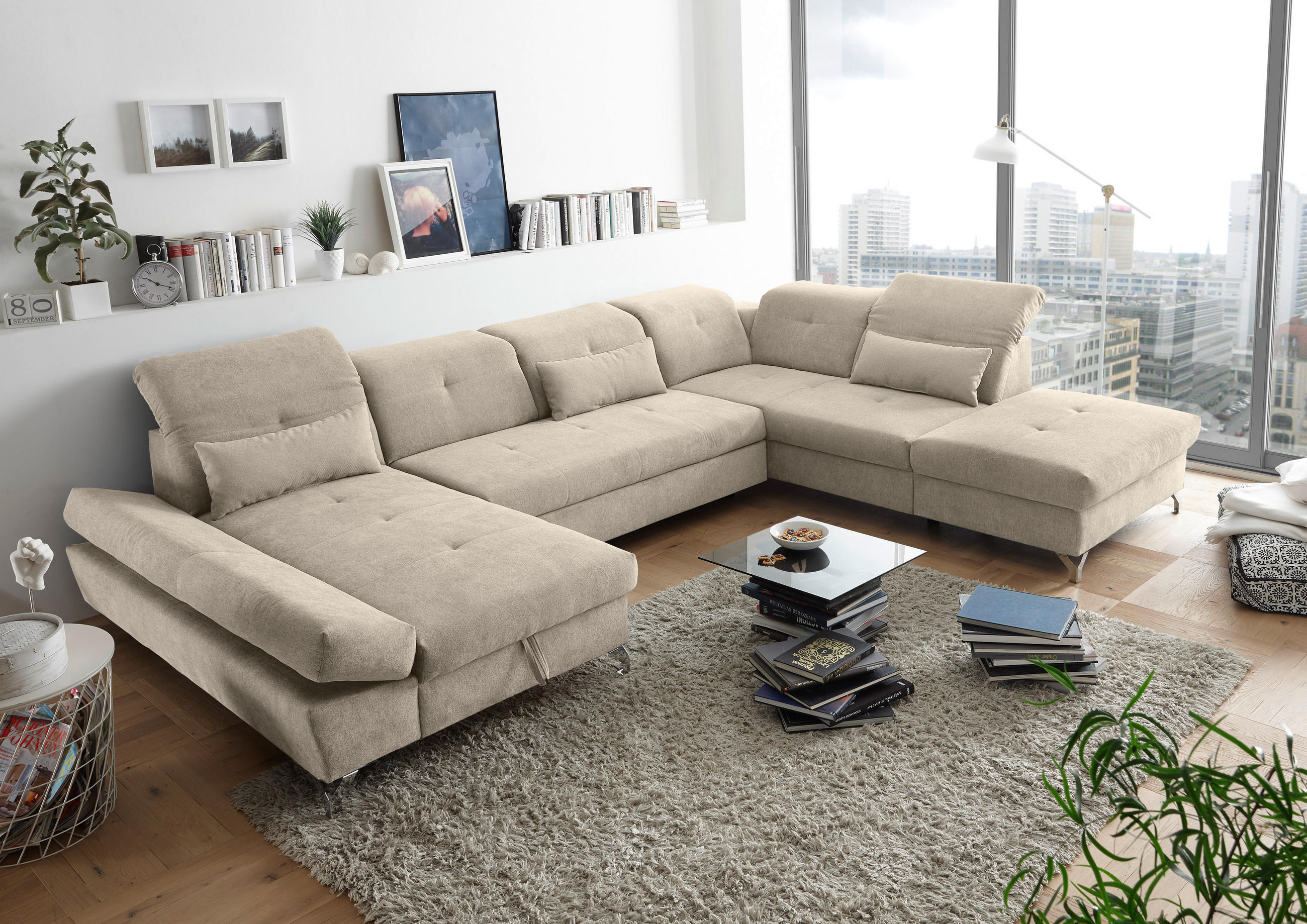 WOHNLANDSCHAFT in Mikrovelours Sandfarben  - Sandfarben/Silberfarben, MODERN, Textil/Metall (168/350/245cm) - MID.YOU