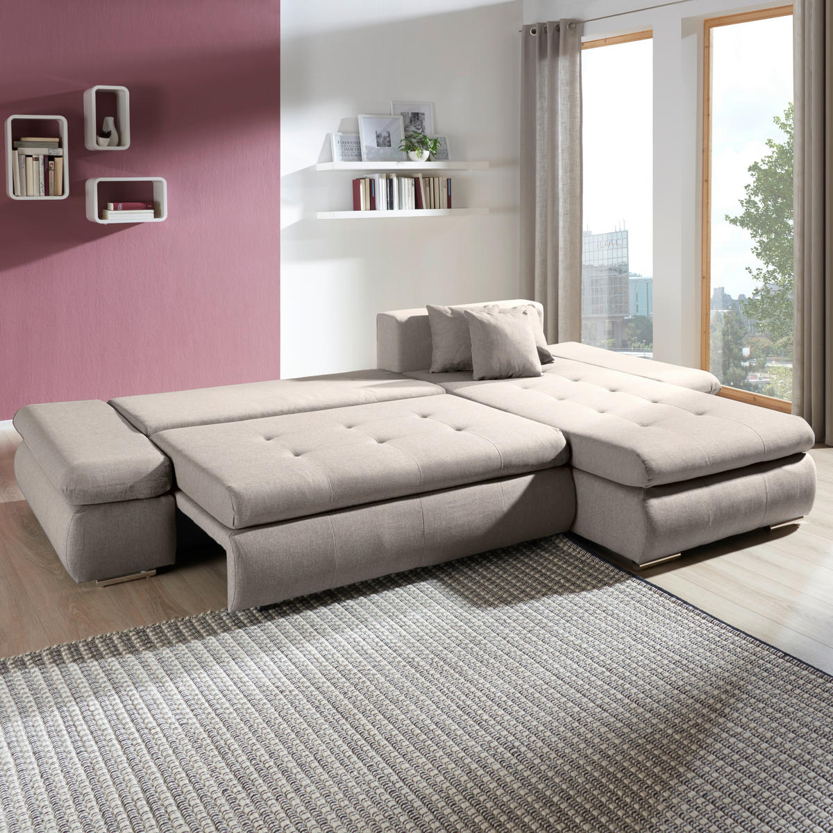 ECKSOFA Beige Webstoff  - Chromfarben/Beige, Design, Kunststoff/Textil (302/187cm) - Carryhome