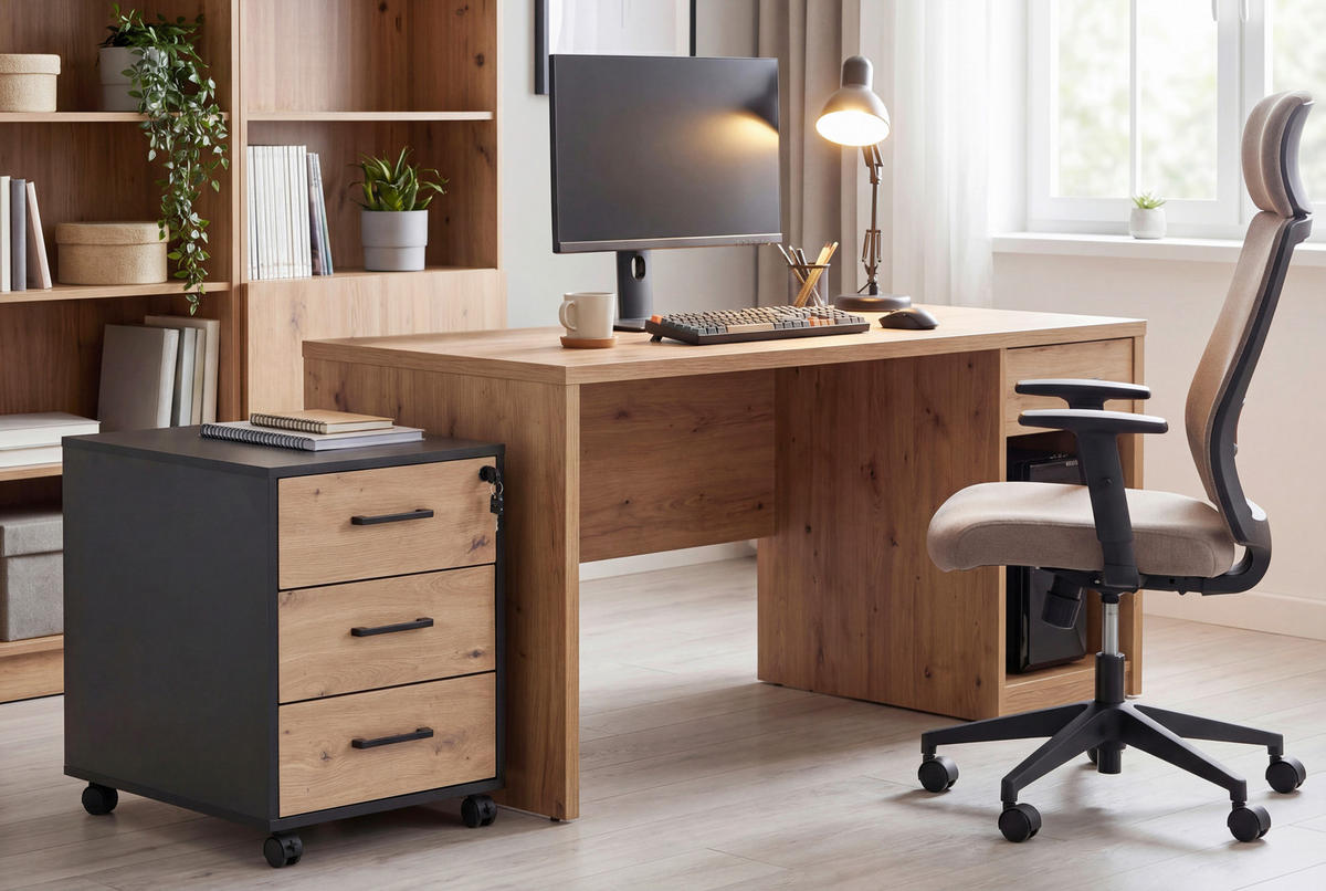 ROLLCONTAINER Schwarz, Eiche Artisan  - Schwarz/Eiche Artisan, MODERN, Holzwerkstoff/Kunststoff (43/56/60cm) - Livetastic