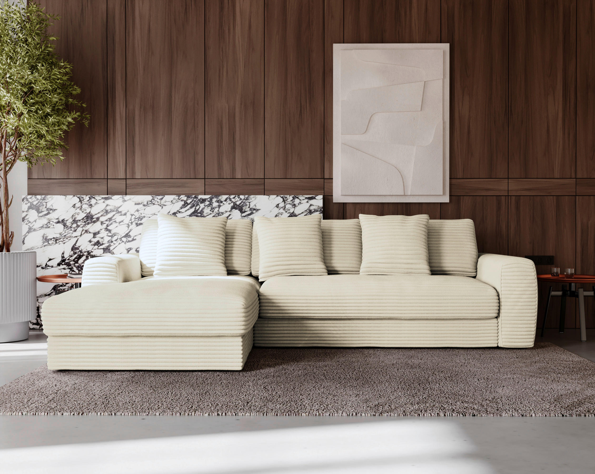 ECKSOFA in Cord Creme  - Creme/Schwarz, Modern, Kunststoff/Textil (182/302cm) - Carryhome