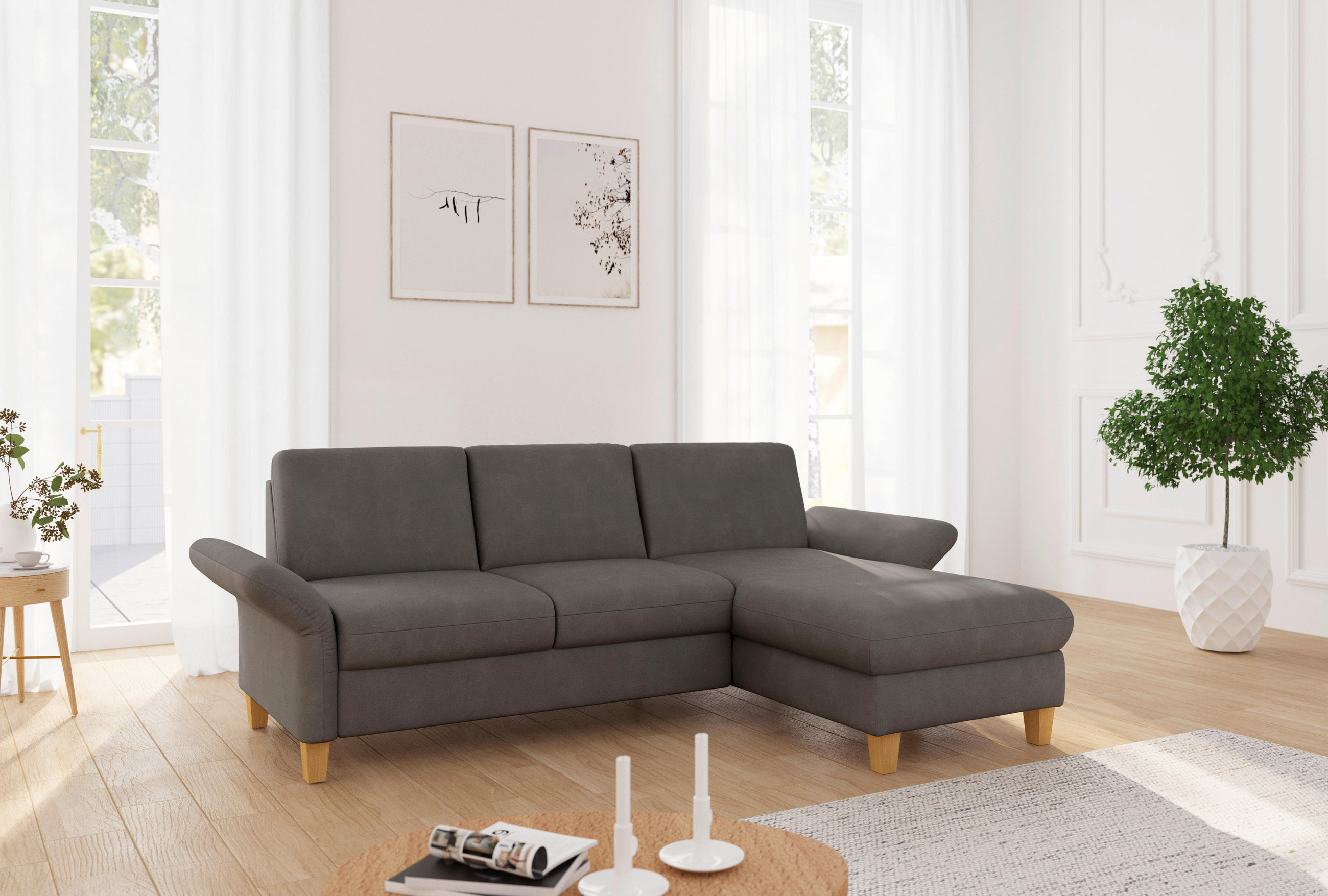 ECKSOFA ROCHELLE E Graphitfarben Flachgewebe  - Eichefarben/Graphitfarben, KONVENTIONELL, Holz/Textil (251/164cm) - Sit & More