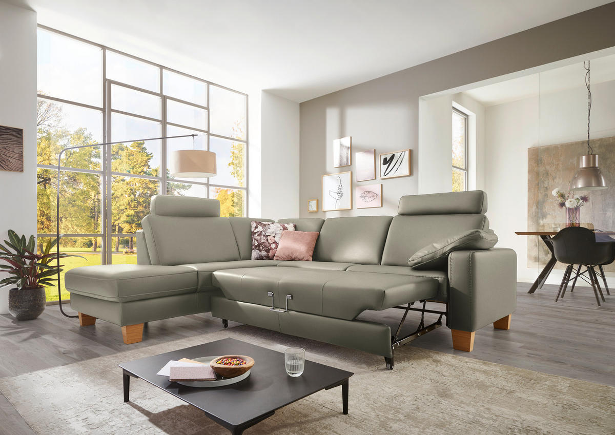ECKSOFA in Echtleder Grau  - Eiche Bianco/Grau, Konventionell, Leder/Holz (235/257cm) - Valdera